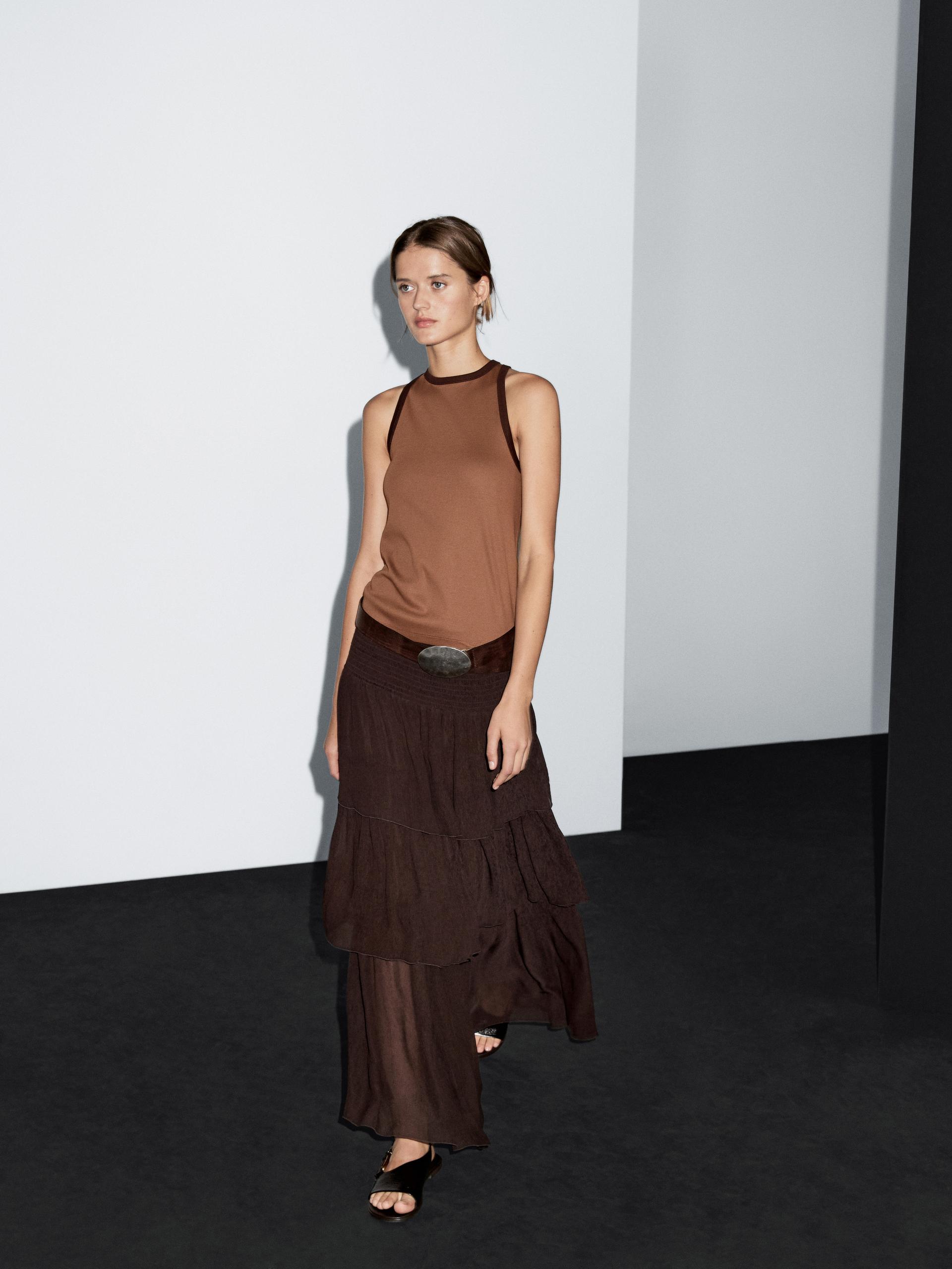 Top 100 % Coton À Encolure Américaine Et Détail Contrastant - Moka - Xs - Massimo Dutti - Femme