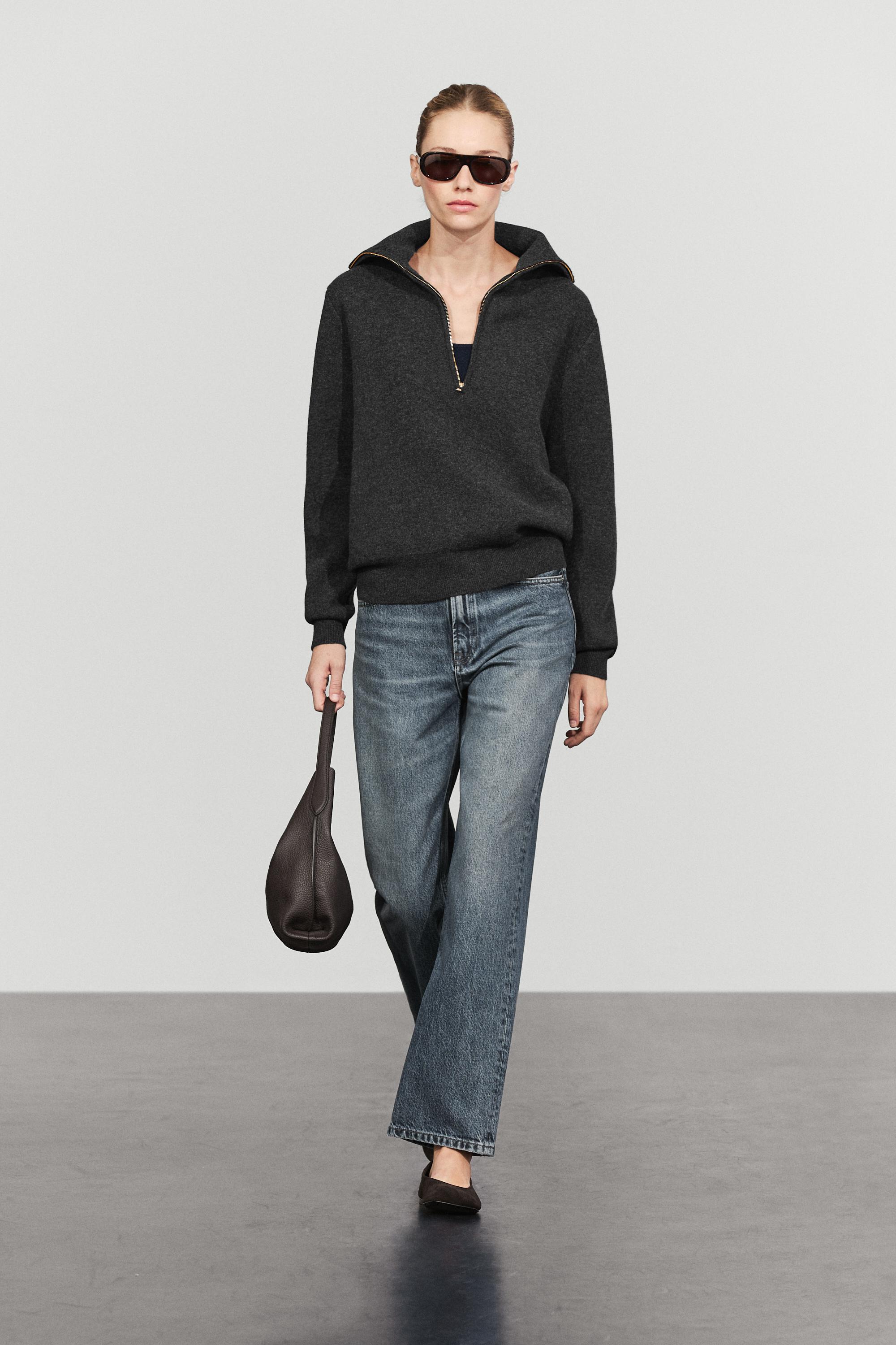 Wide collar zip-up knit sweater — ANTHRACITE GREY