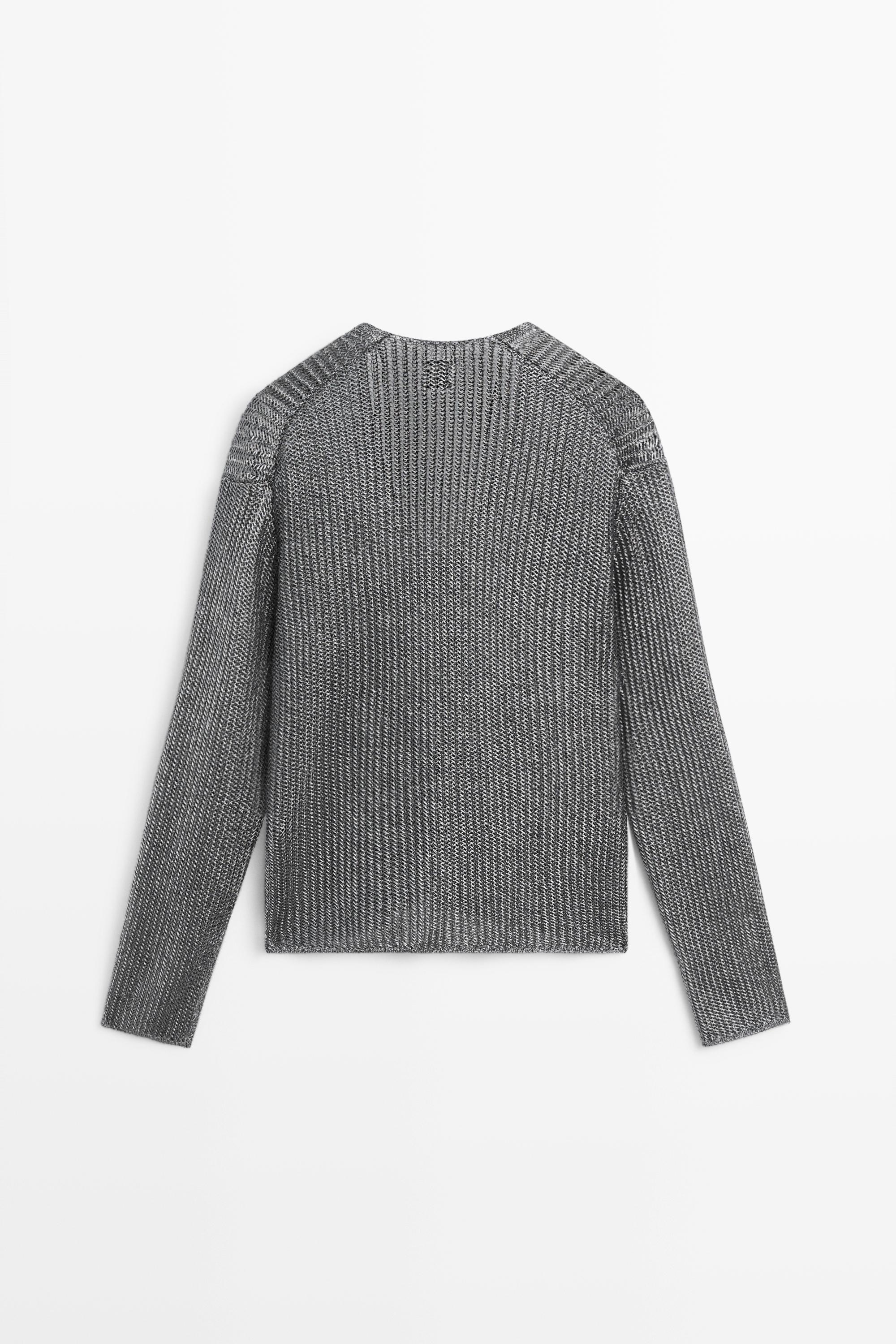 Metallic knit V-neck sweater - STUDIO — Silver