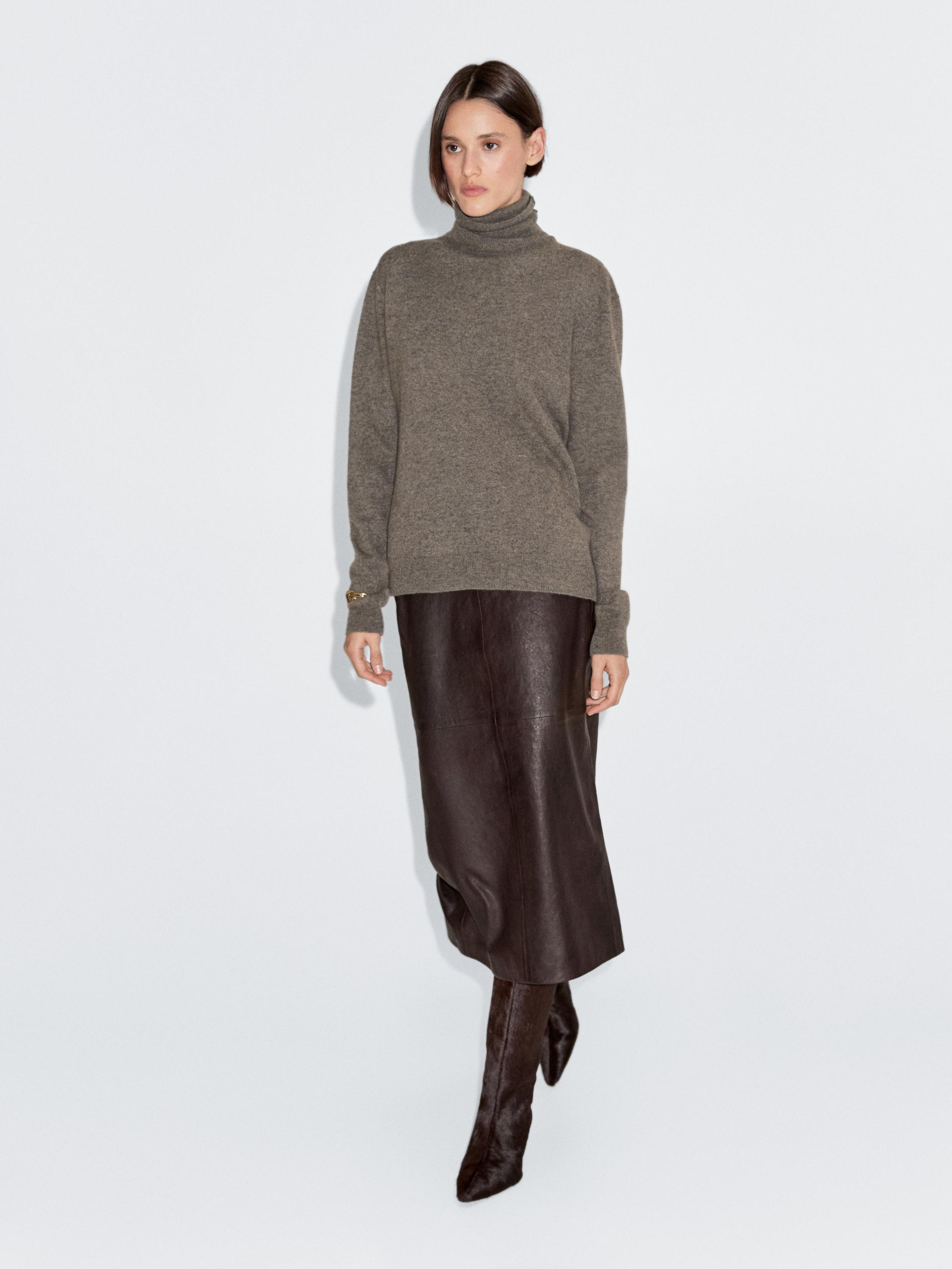 Wool Blend Turtleneck Jumper - Mole Brown - M - Massimo Dutti - Female