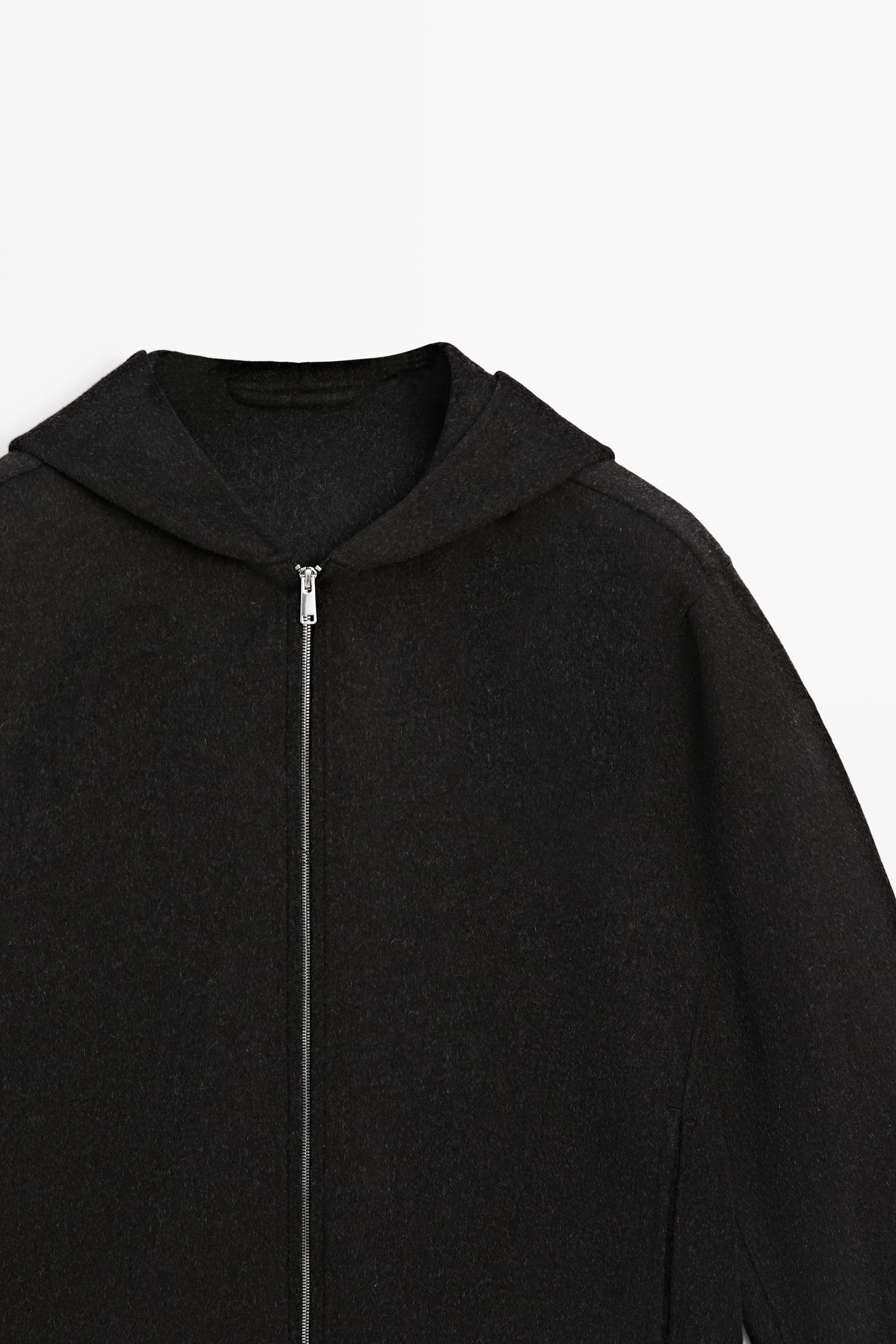 Wool blend double-knit hooded jacket — CHARCOAL