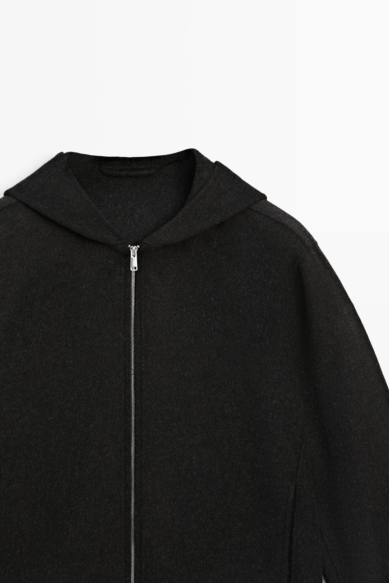 Wool blend double-knit hooded jacket — CHARCOAL