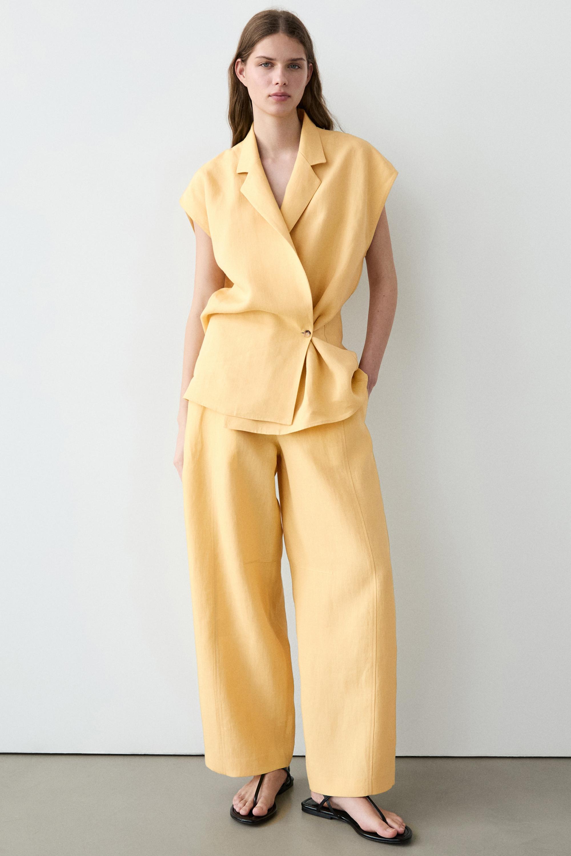 Linen double-breasted lapel vest — YELLOW