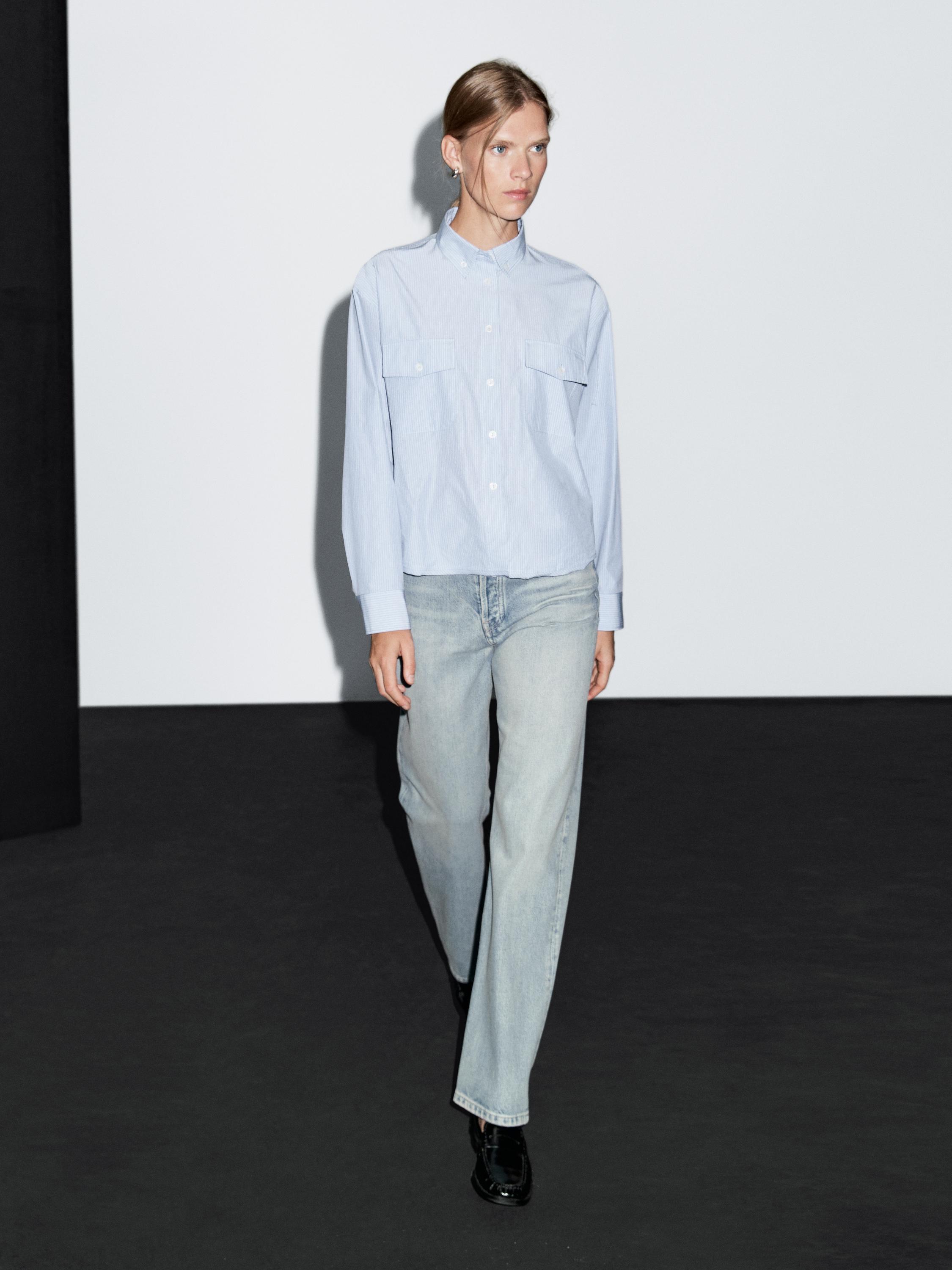 Cotton blend high-waist straight-leg jeans