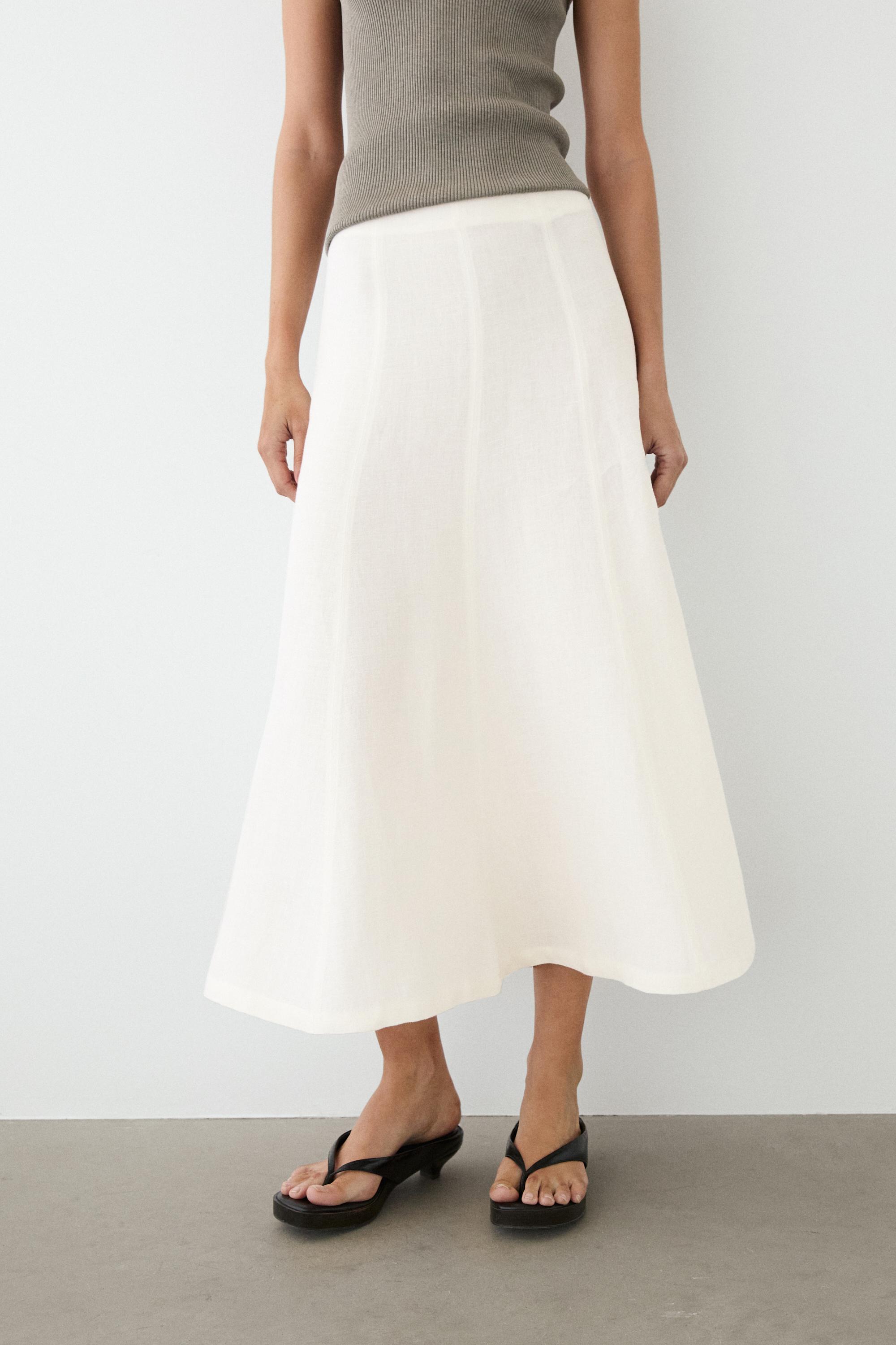 Flowing 100% linen midi skirt — WHITE