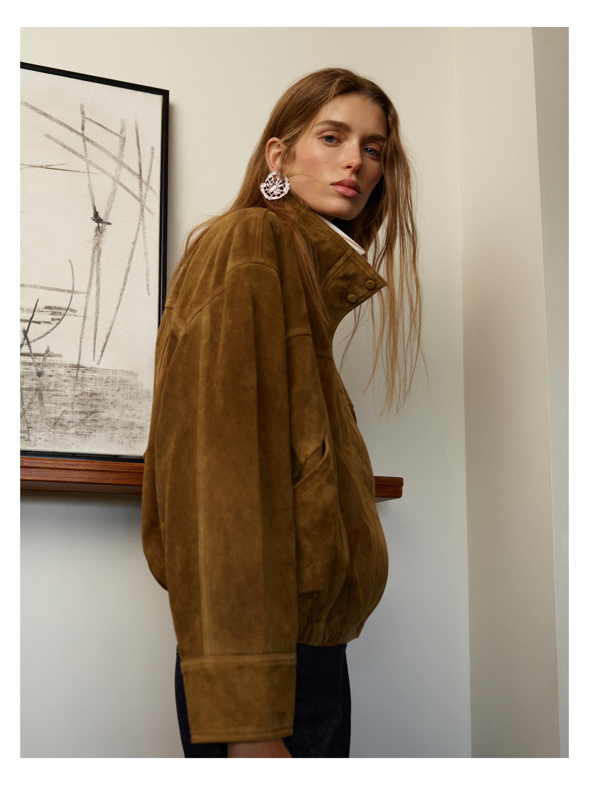 Short suede leather bomber jacket — CAMEL