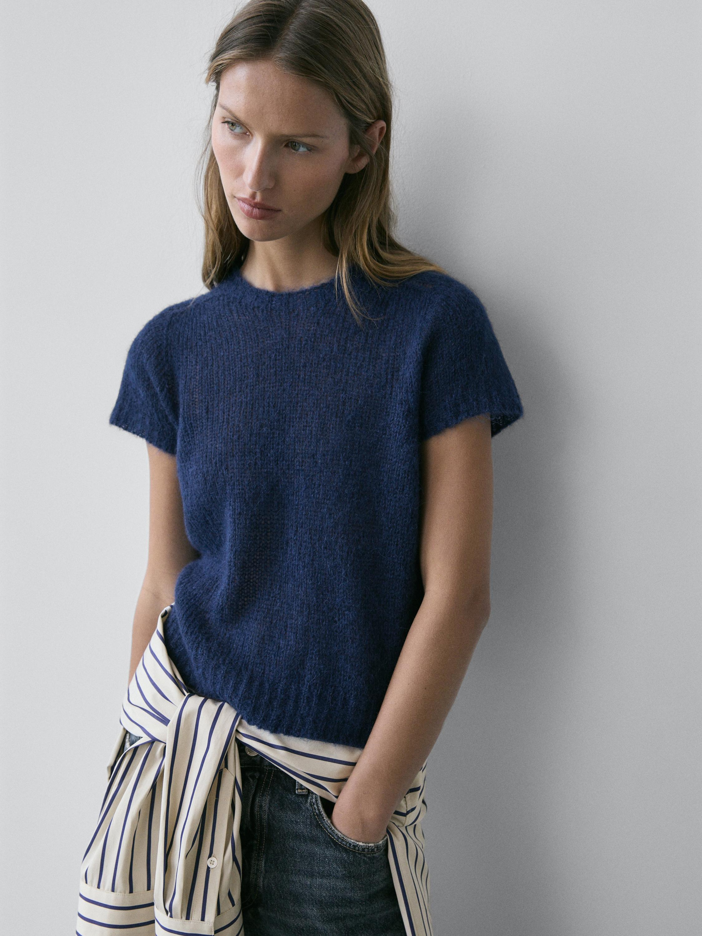 Short sleeve knit alpaca blend sweater — Dark Blue