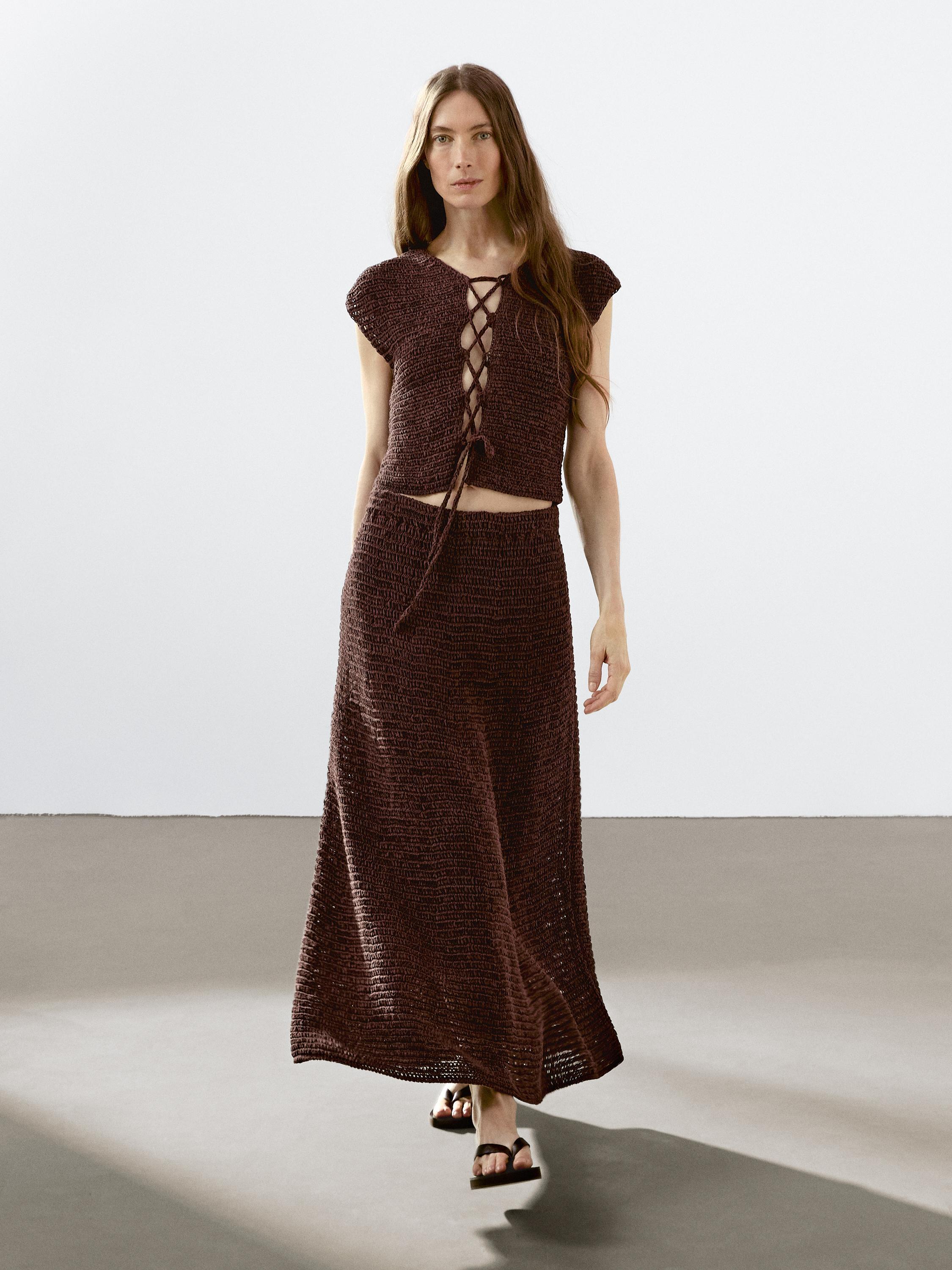 Cotton blend crochet waistcoat with tie detail
