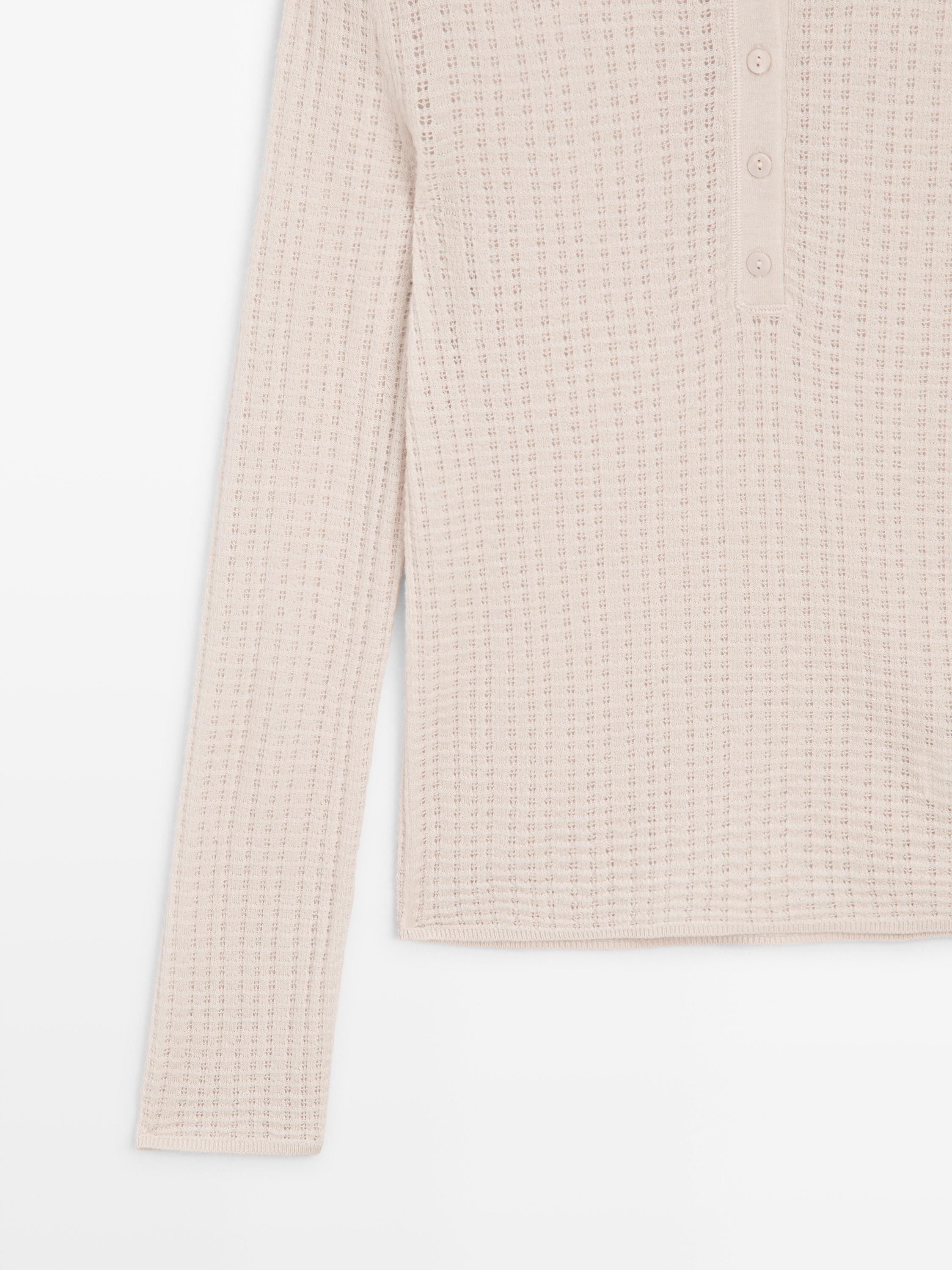 Cutwork wool blend henley sweater — CREAM