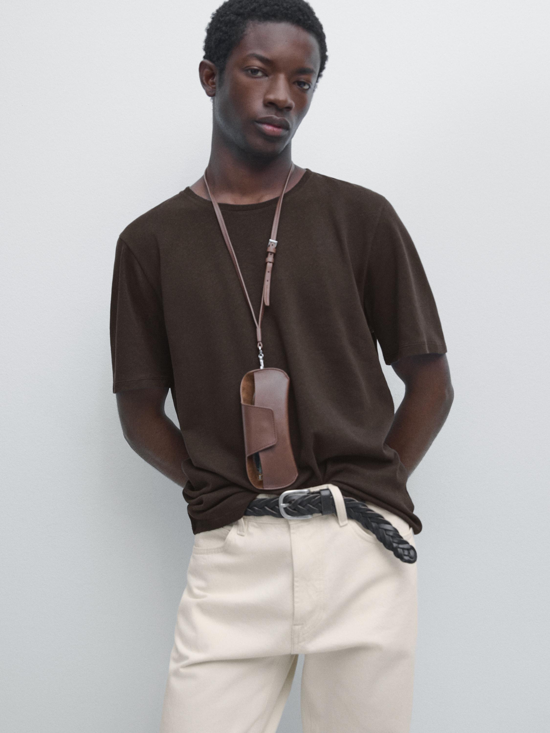 Short sleeve linen and cotton T-shirt — BROWN