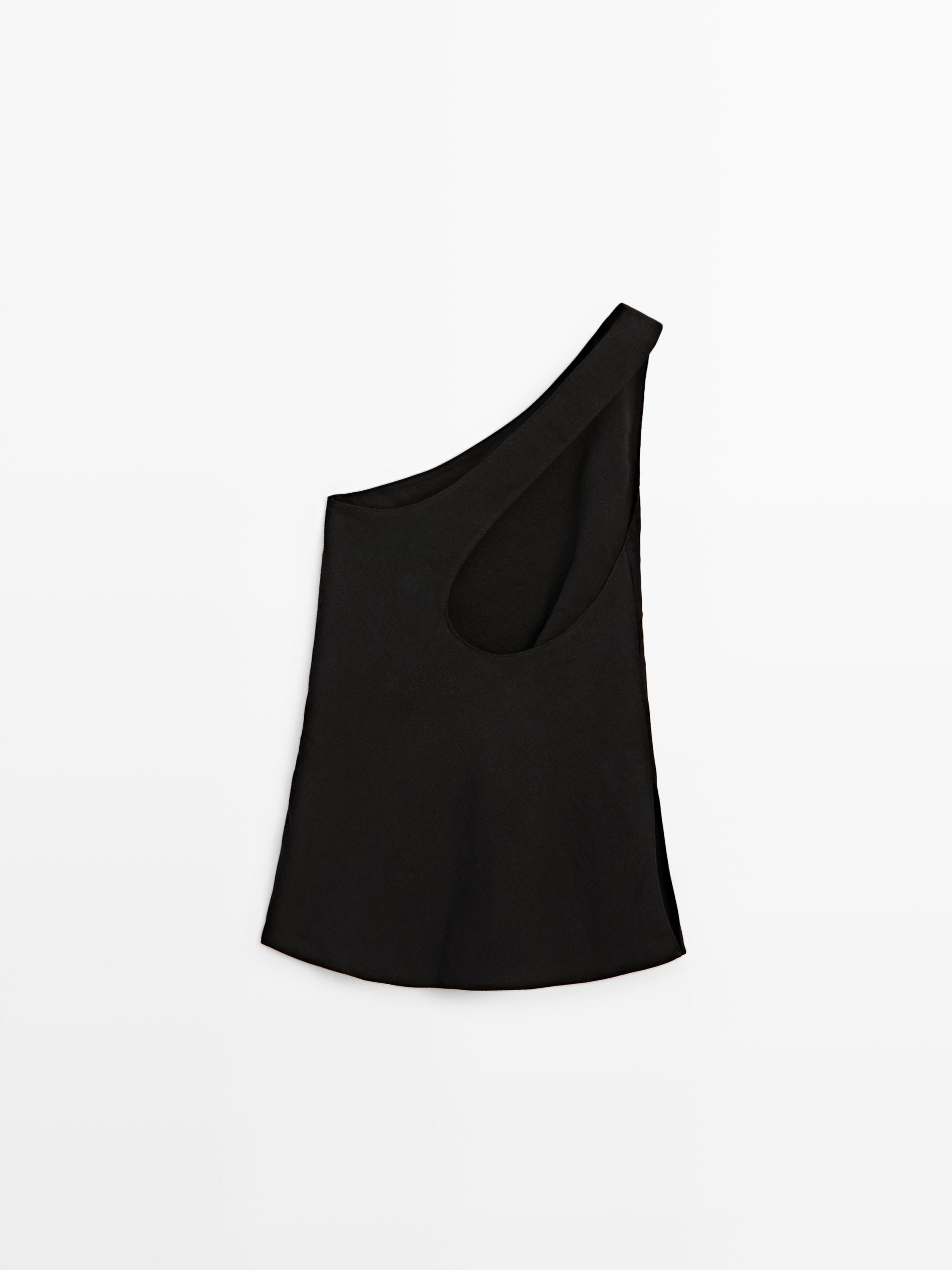 Asymmetric linen blend top with back detail — BLACK