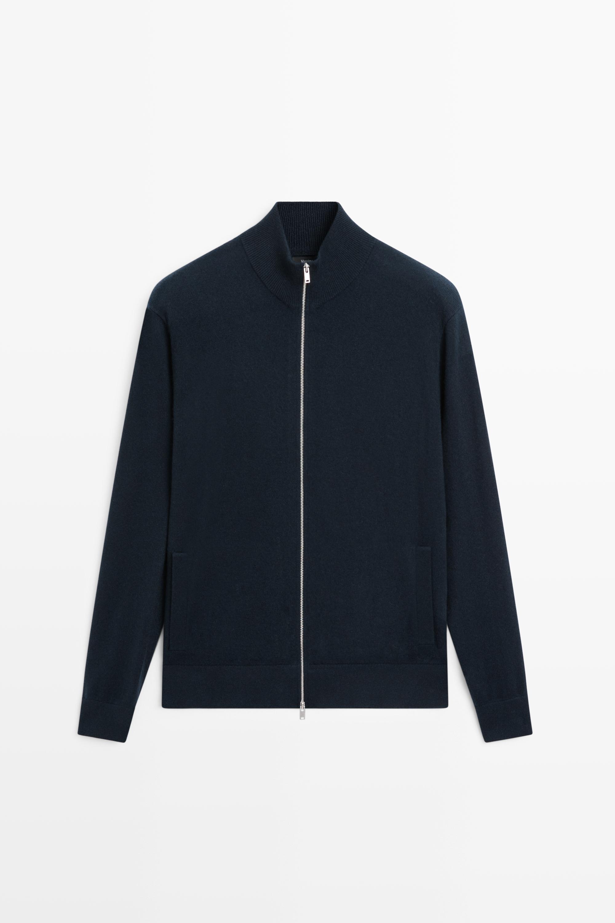 100% cashmere zip-up knit cardigan — NAVY BLUE