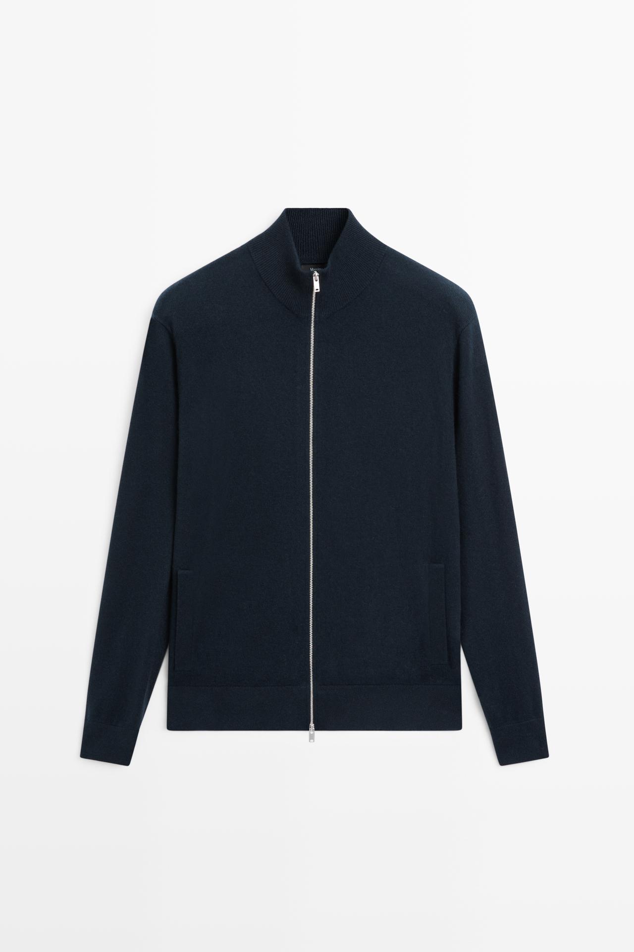 100% cashmere zip-up knit cardigan — NAVY BLUE