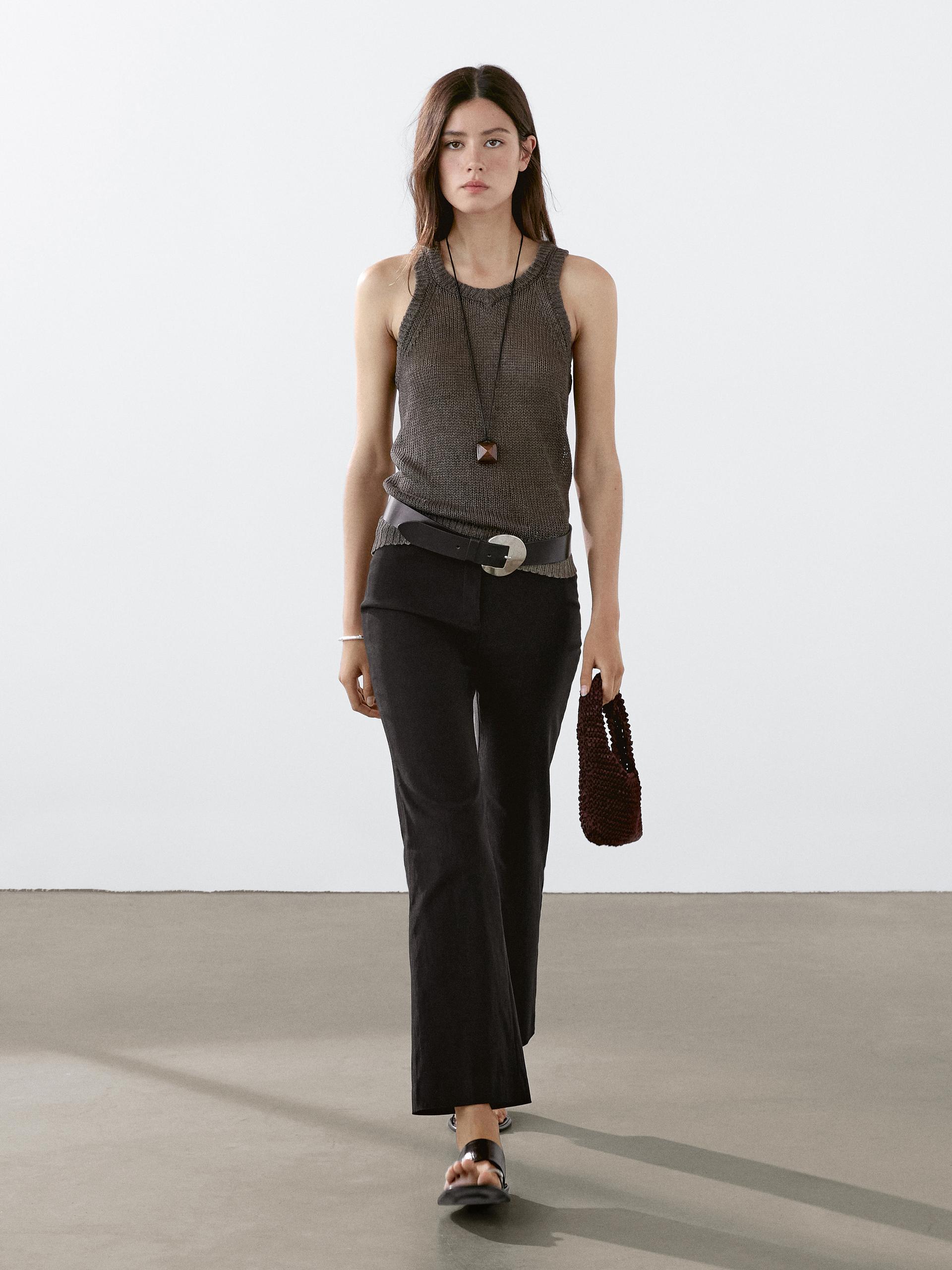 Massimo Dutti 100% Linen Knit Top In Brown