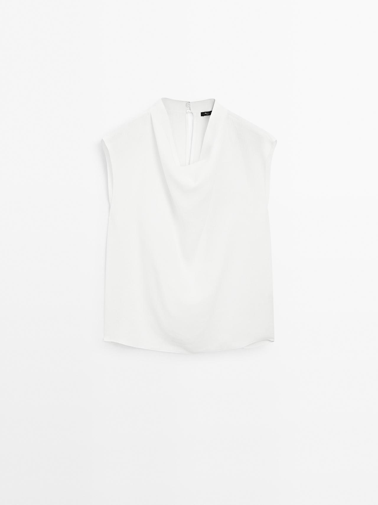 Massimo Dutti - Dame - Loose Fit Bluse Med Draperet Krave - Hvid - M