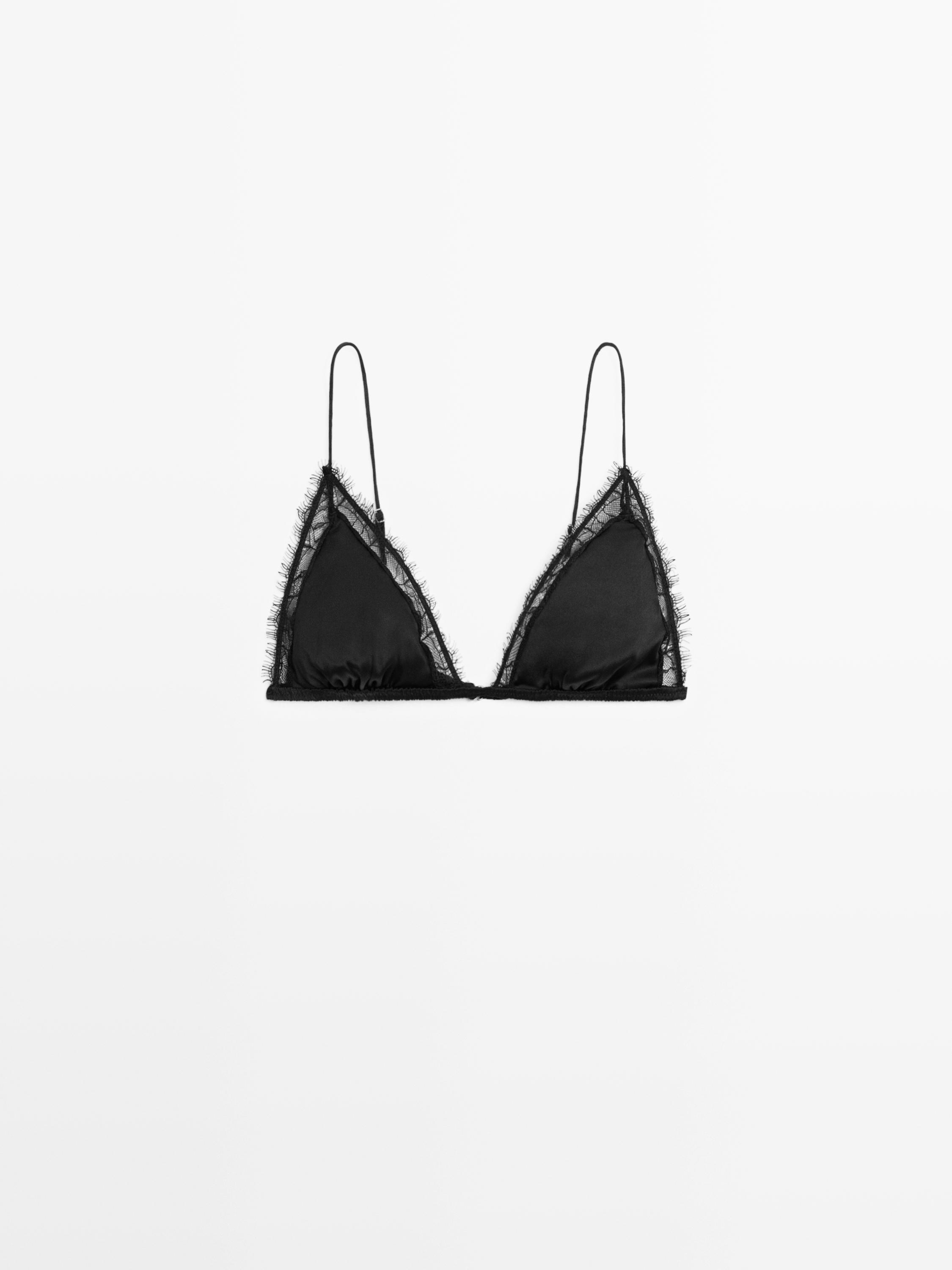 Silk and lace triangle bralette — BLACK