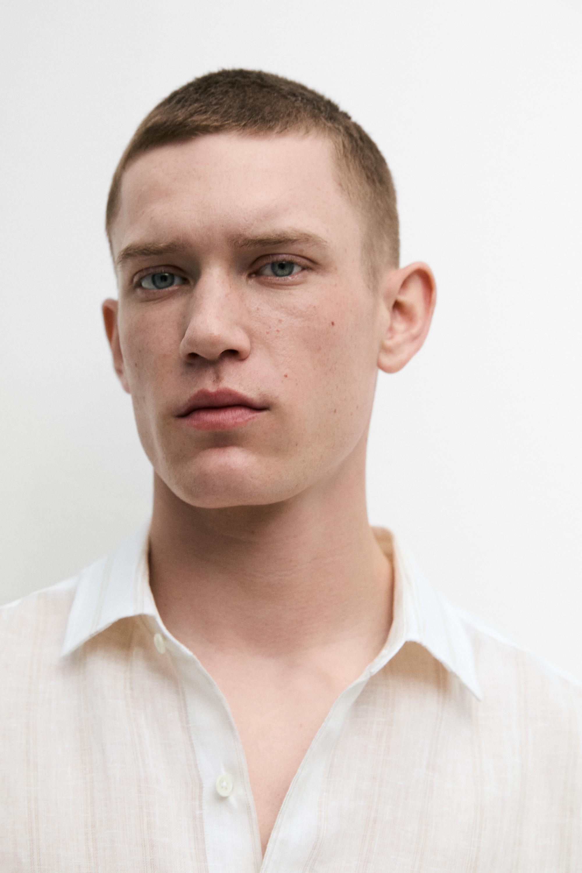 100% linen regular fit striped shirt — BEIGE