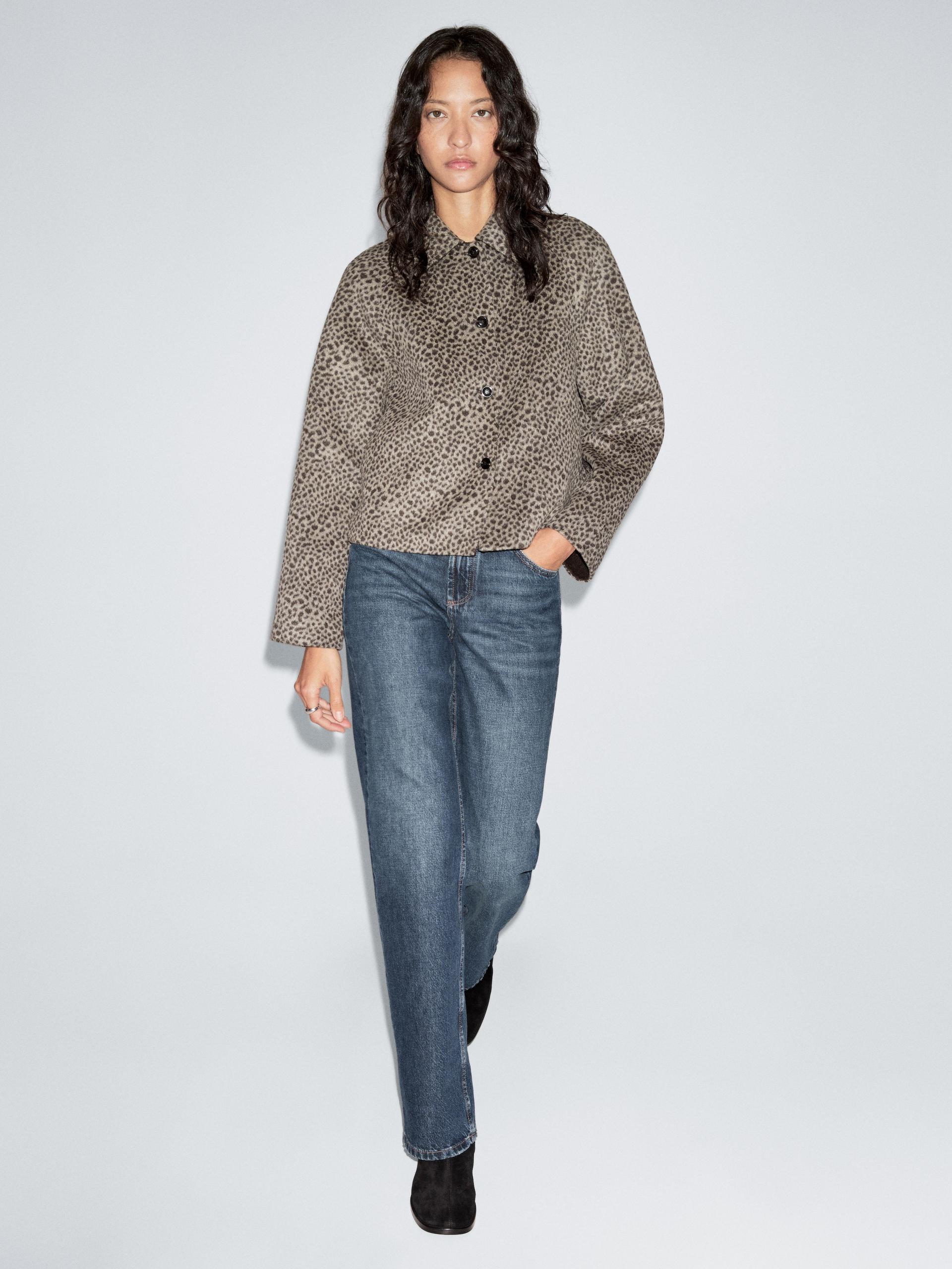 Cappotto Corto Misto Lana Con Stampa Animalier - Marrone - L - Massimo Dutti - Femminile