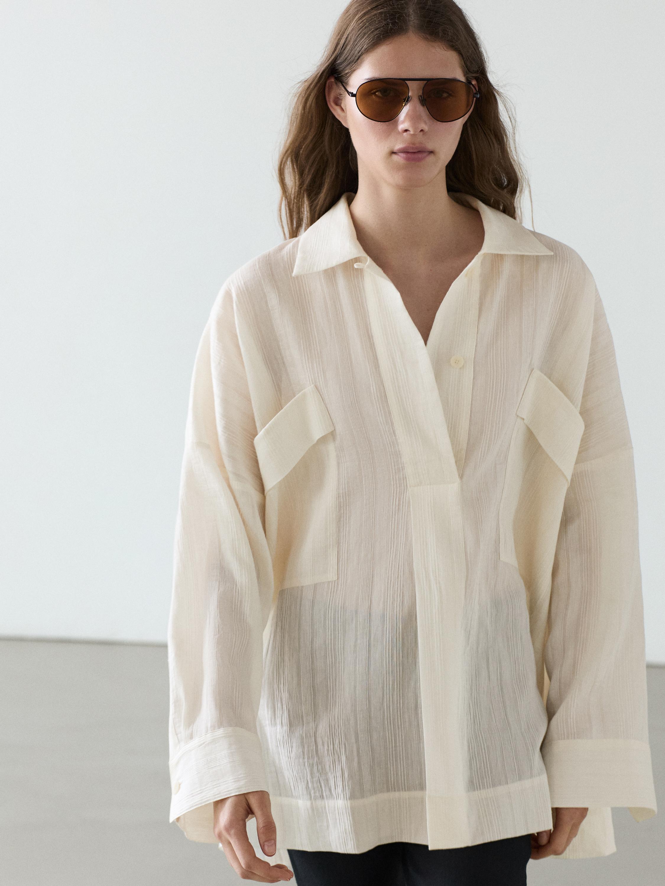 Flowing linen and cotton shirt with opening — Off white