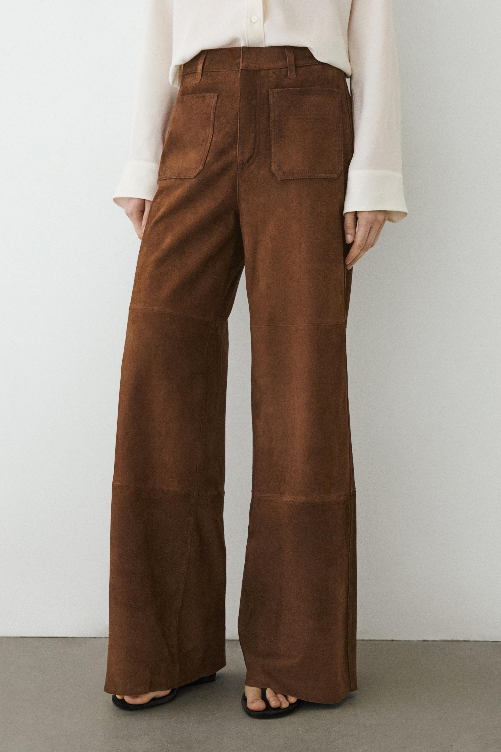 Suede leather wide-leg trousers with pockets — BROWN