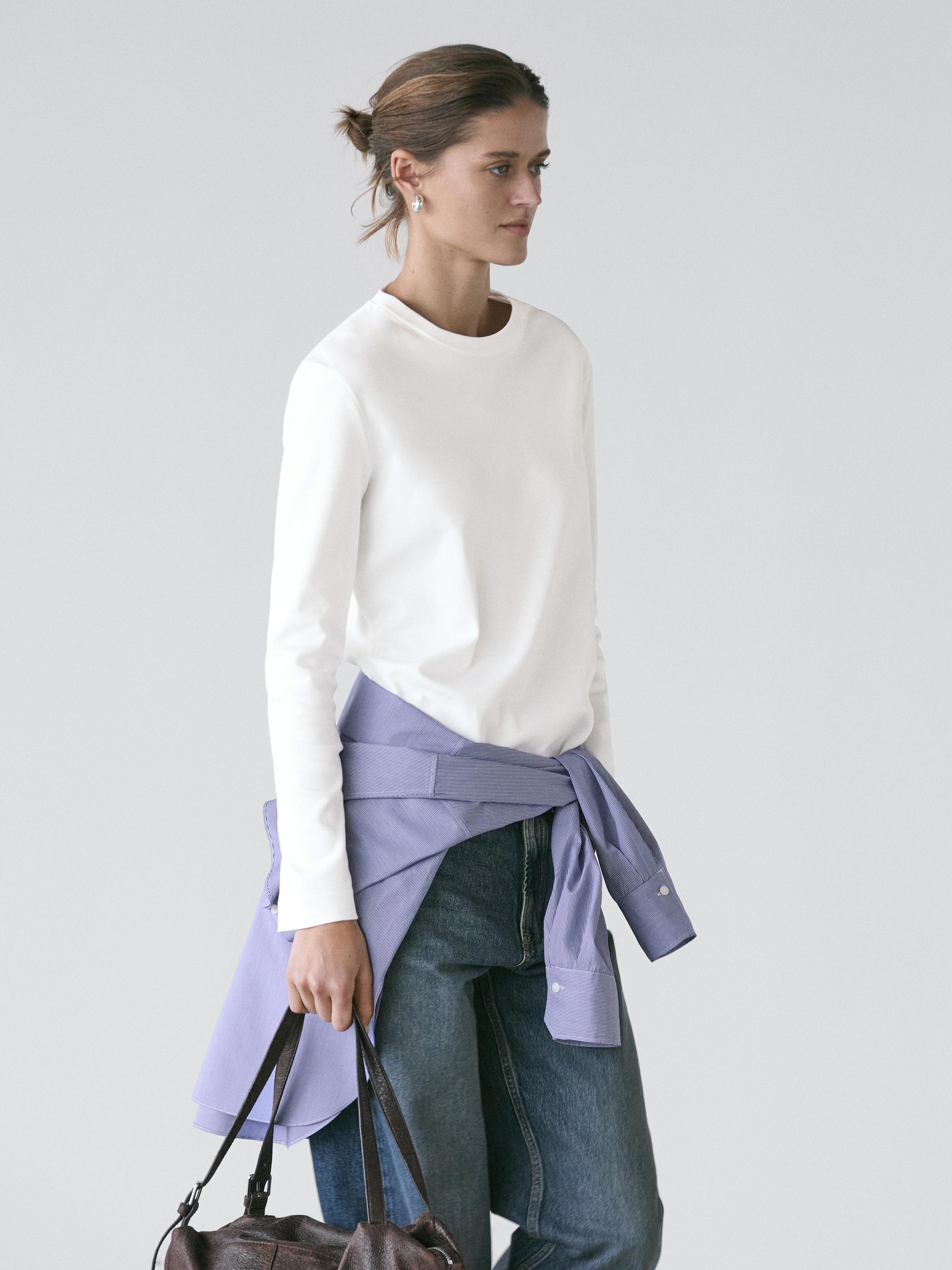 100% cotton interlock long sleeve T-shirt — Off white