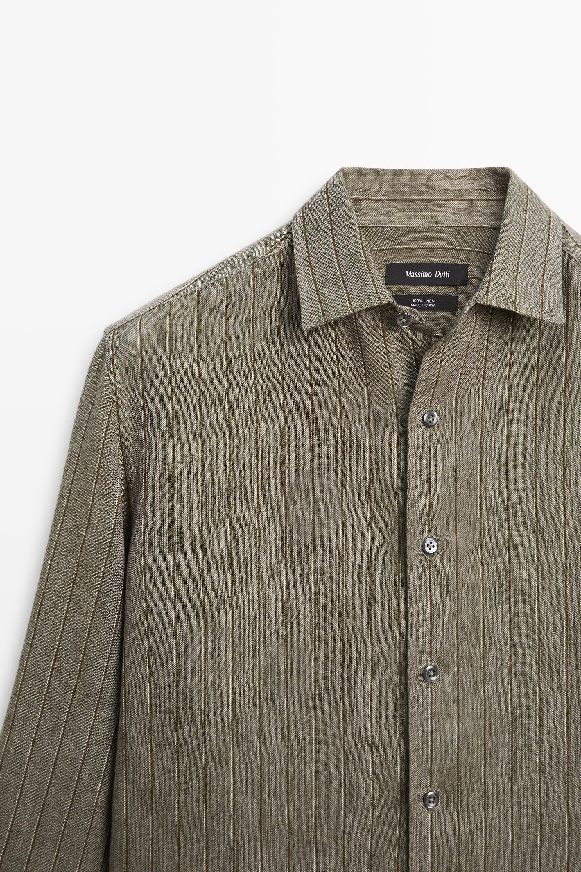 100% linen regular fit striped shirt — DARK GREEN