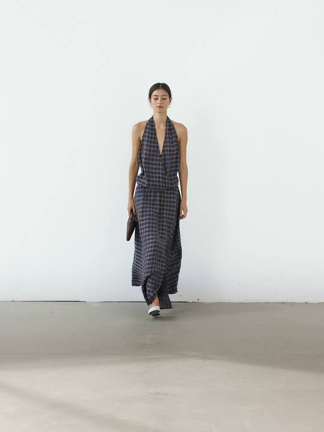Long printed halter neck flounce dress
