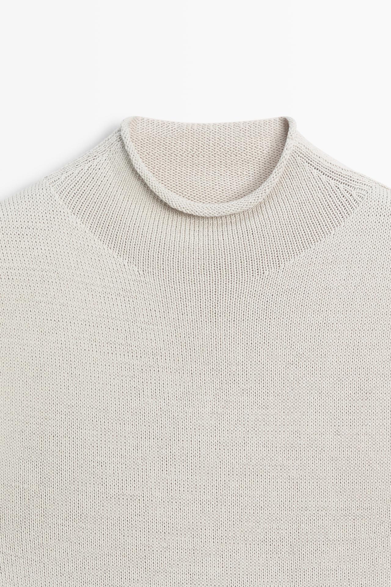 Cotton blend high neck knit top — STONE
