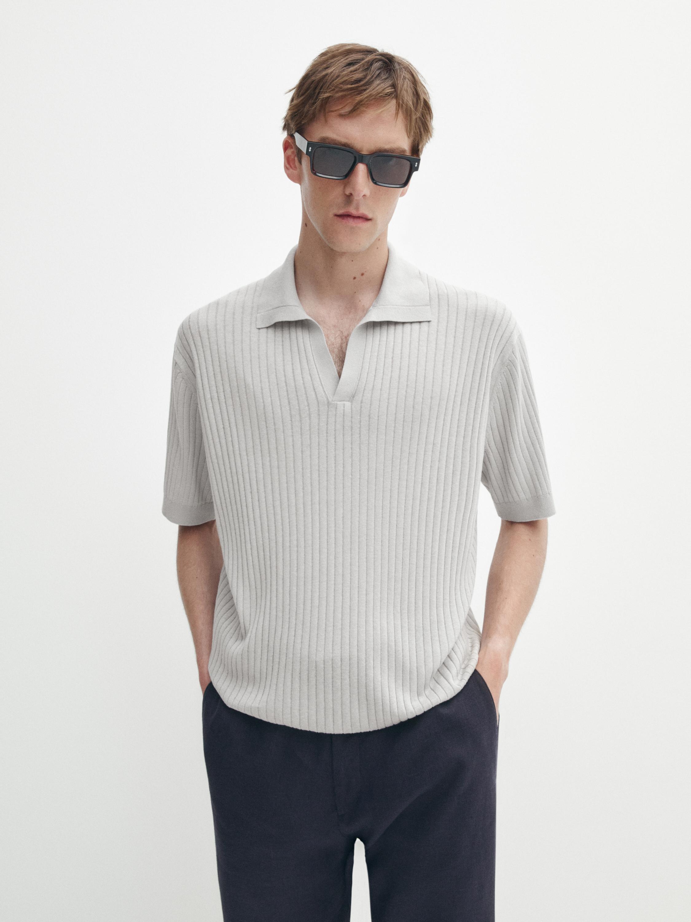 Ribbed knit cotton and linen blend polo shirt