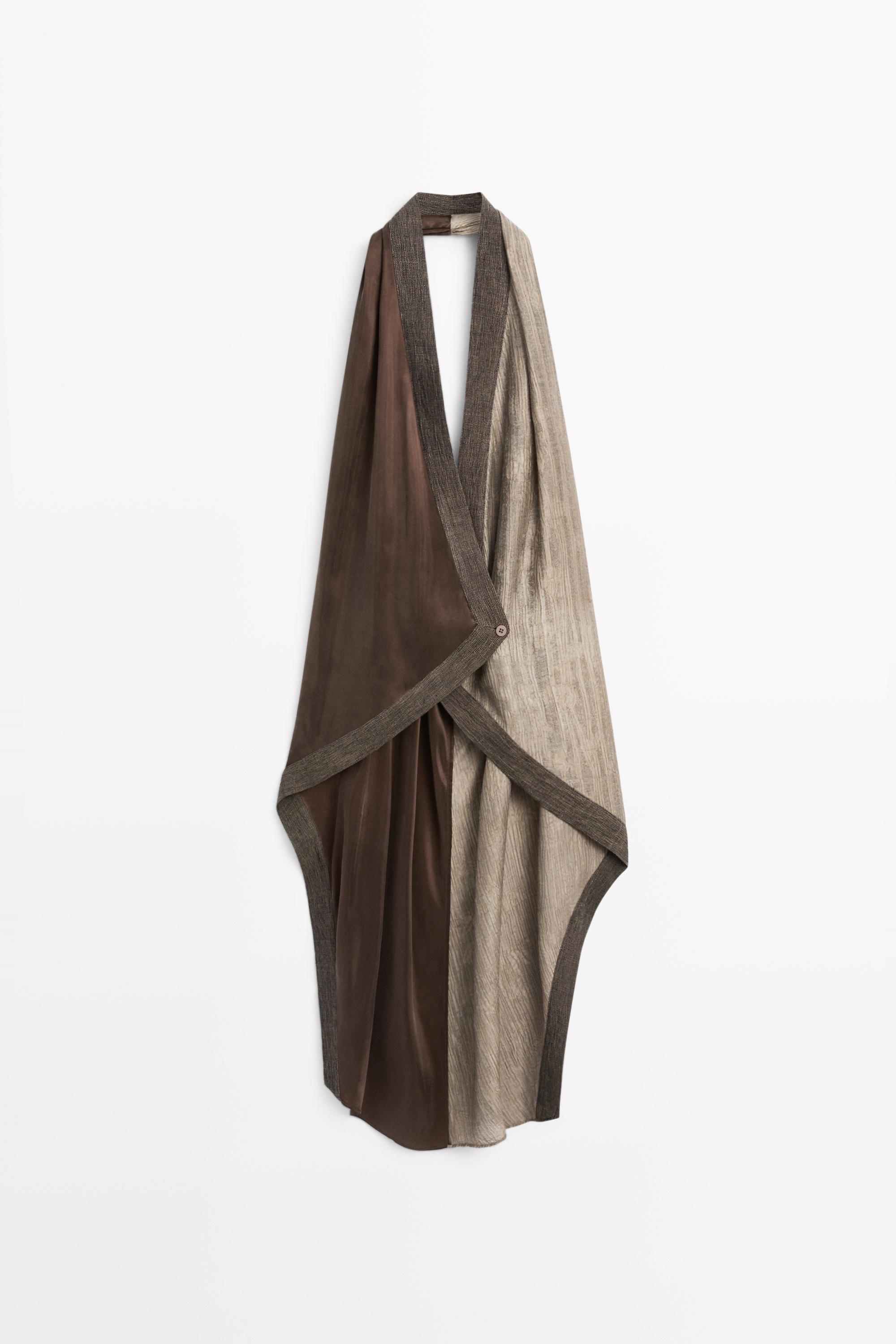 Flowing wrap top with mixed fabric detail — BROWN
