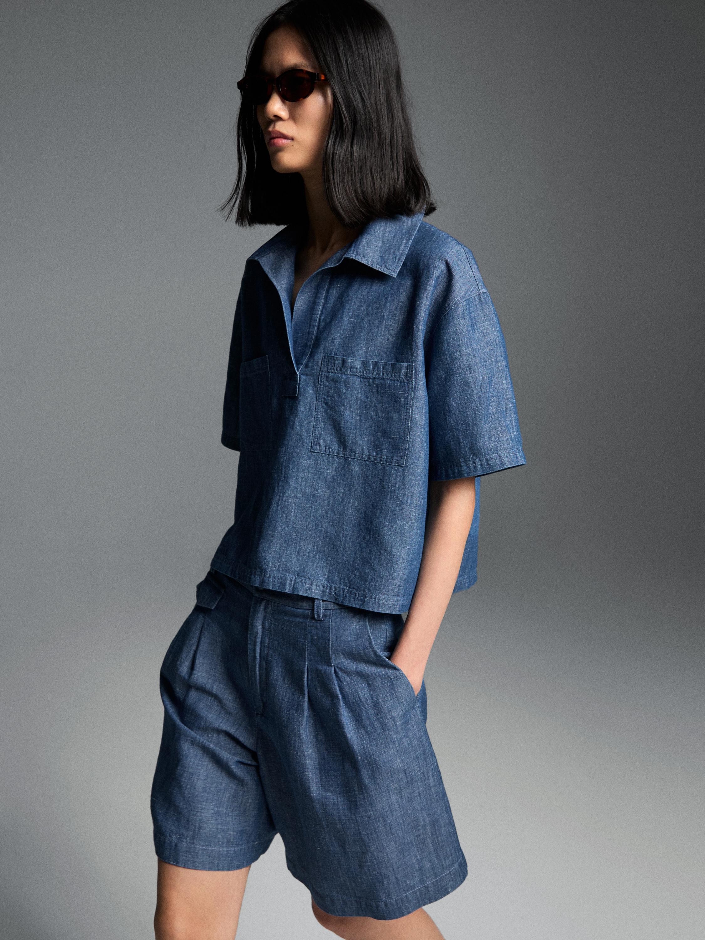 Short sleeve cotton and linen polo shirt