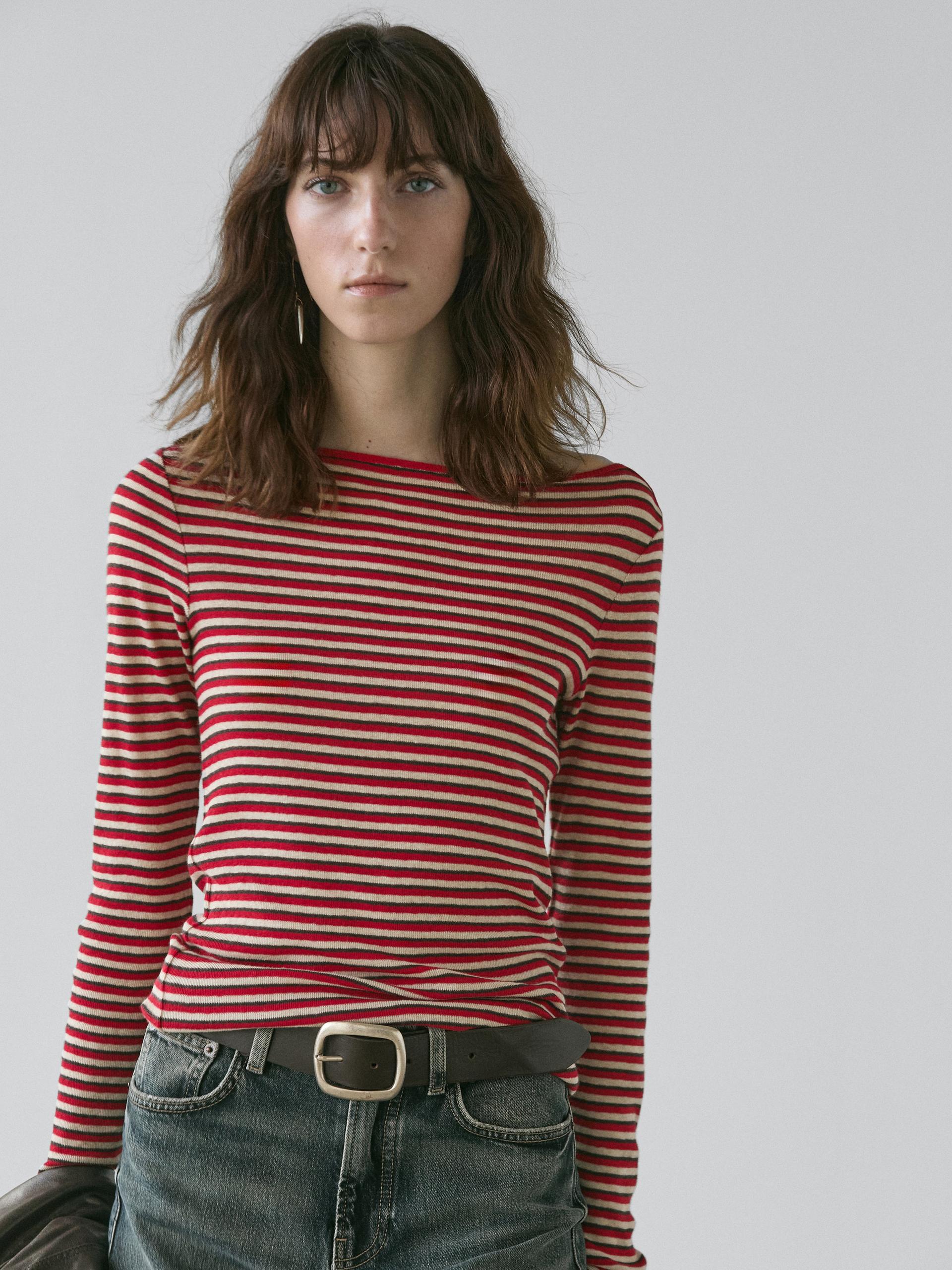 Maglietta A Maniche Lunghe A Righe - Rosso - Xl - Massimo Dutti - Femminile