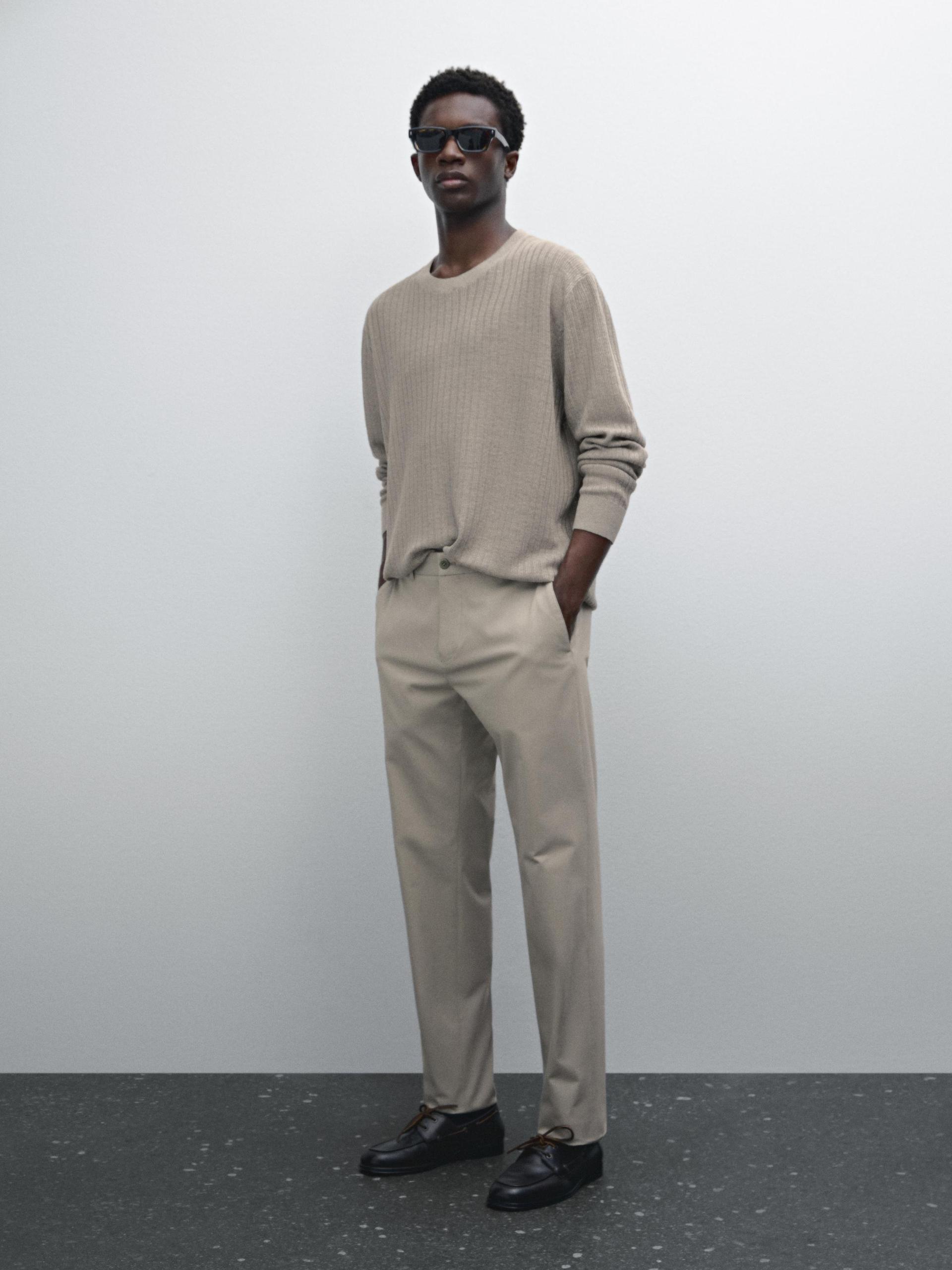 Pull En Maille Côtelée 100 % Lin - Beige - L - Massimo Dutti - Homme
