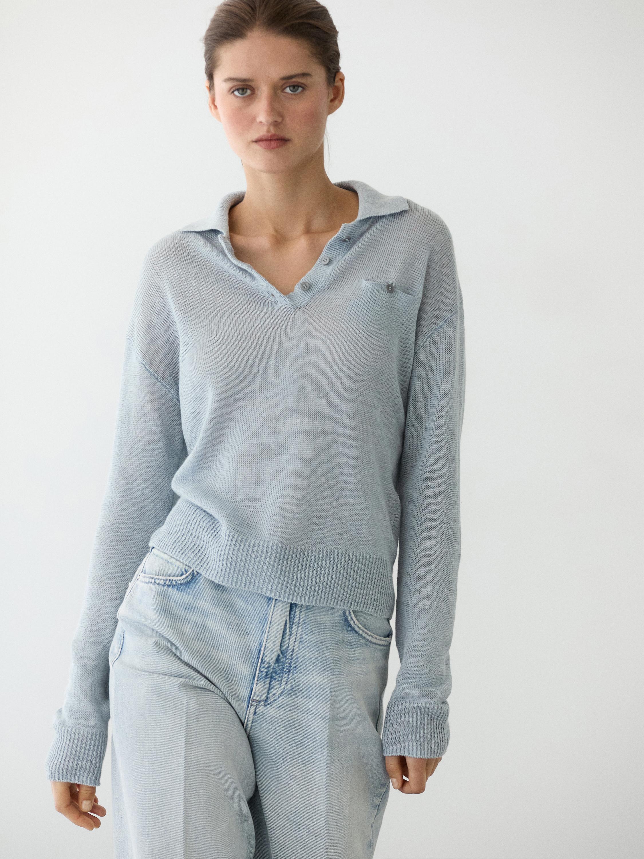 Feiner Leinenpullover mit Polo-Kragen