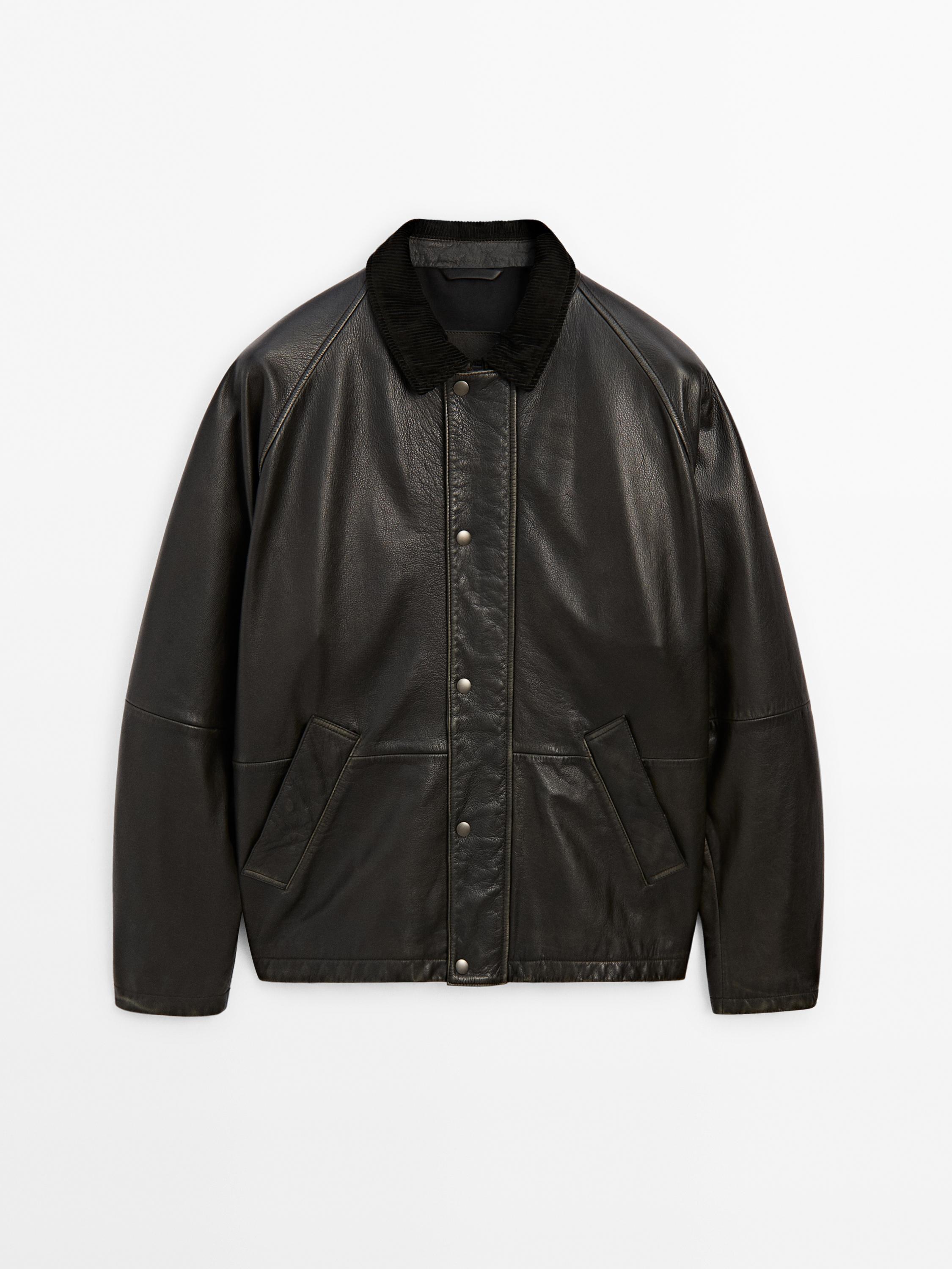 Leather jacket corduroy collar detail