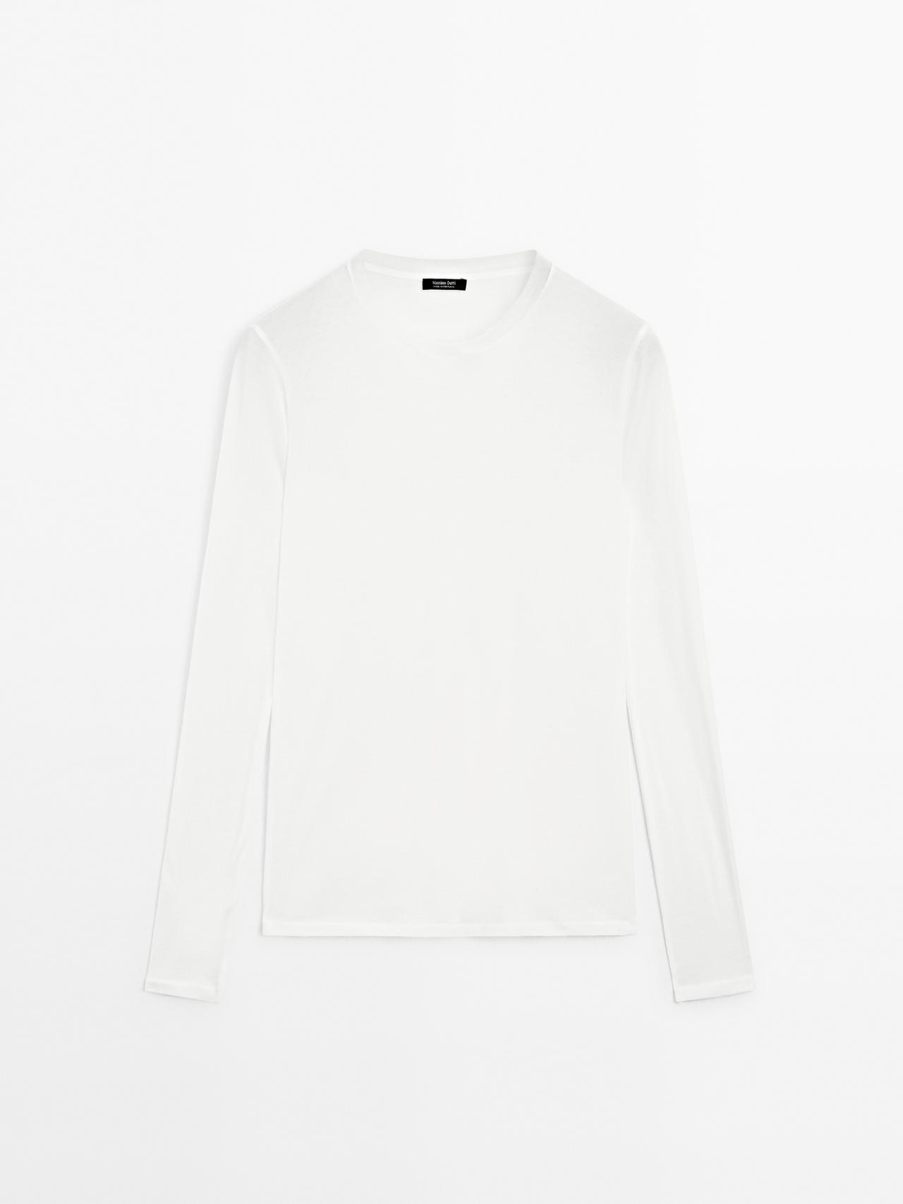 Massimo Dutti - Dame - T-Shirt I 100% Bomuld Halvgennemsigtig Med Kravedetalje - Råhvid - M