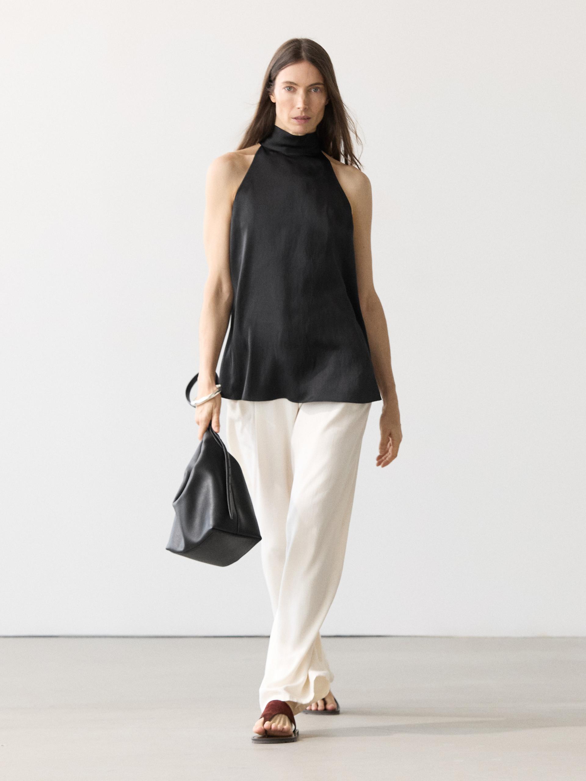 Top Halter Allacciato Satinato - Nero - Xs - Massimo Dutti - Femminile