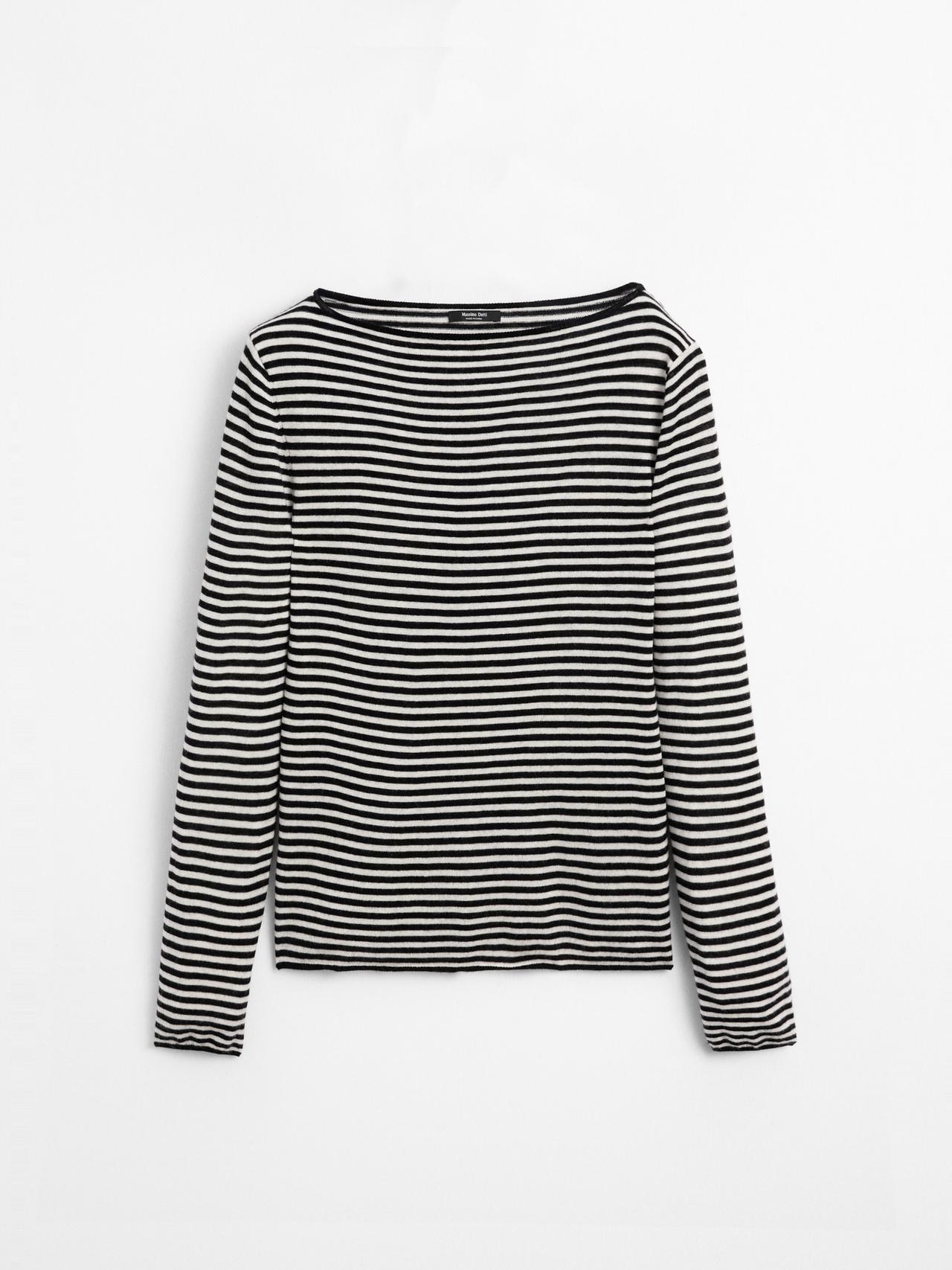 Massimo Dutti - Dames - Gestreepte Tricot Trui Met Lange Mouw - Zwart - M
