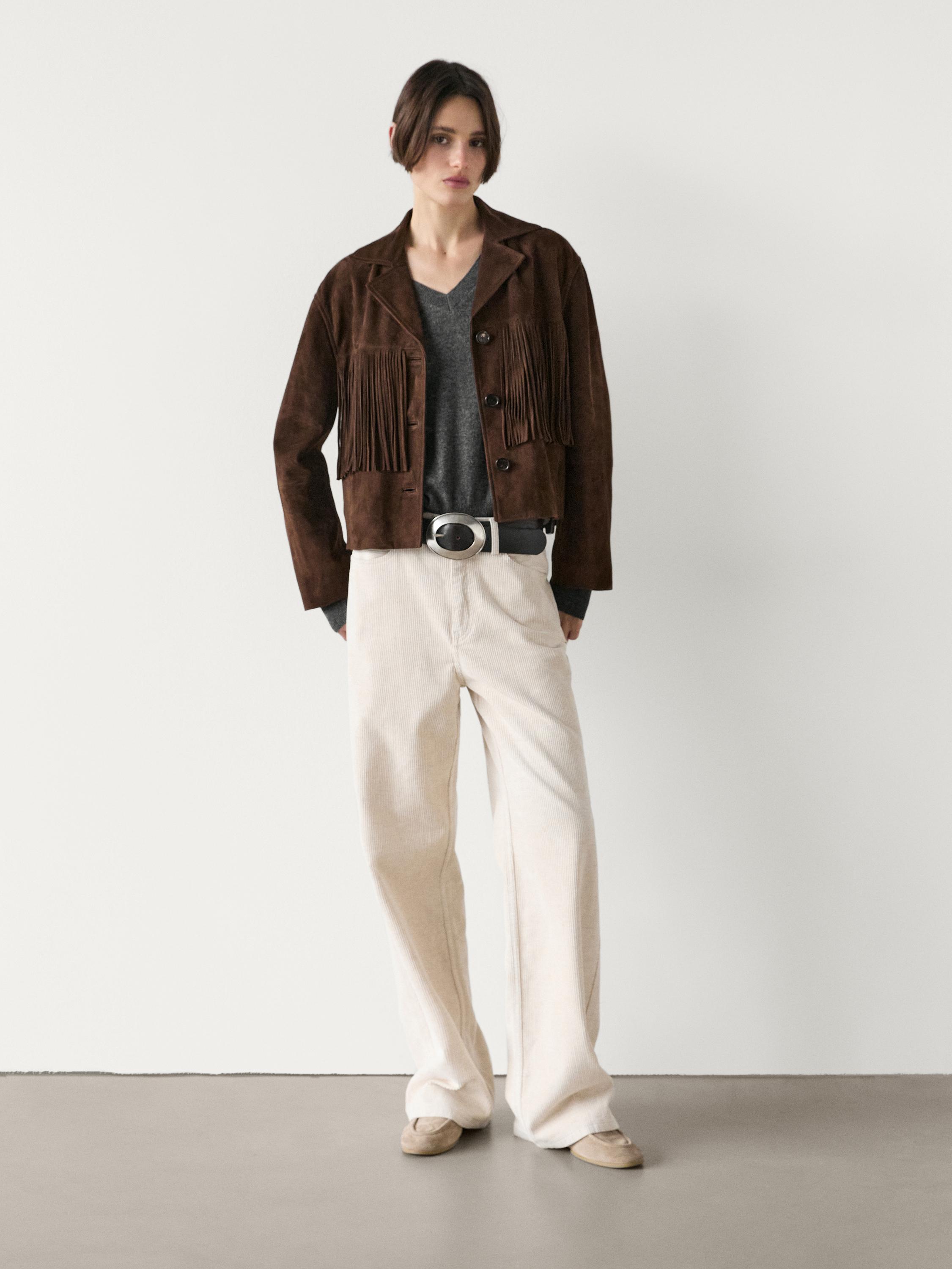 Suede jacket with leather fringing