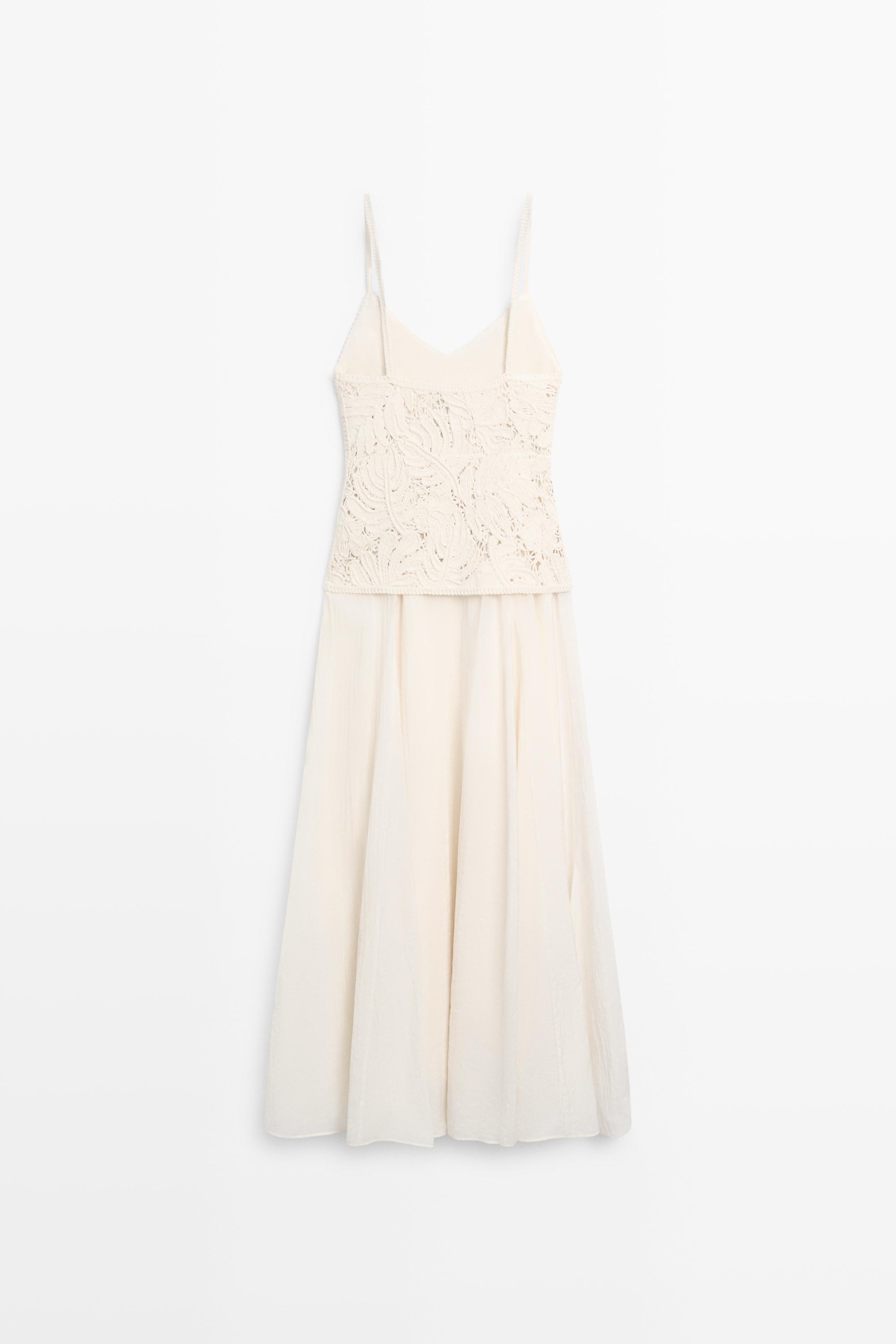 Long dress with contrast crochet detail - CREAM