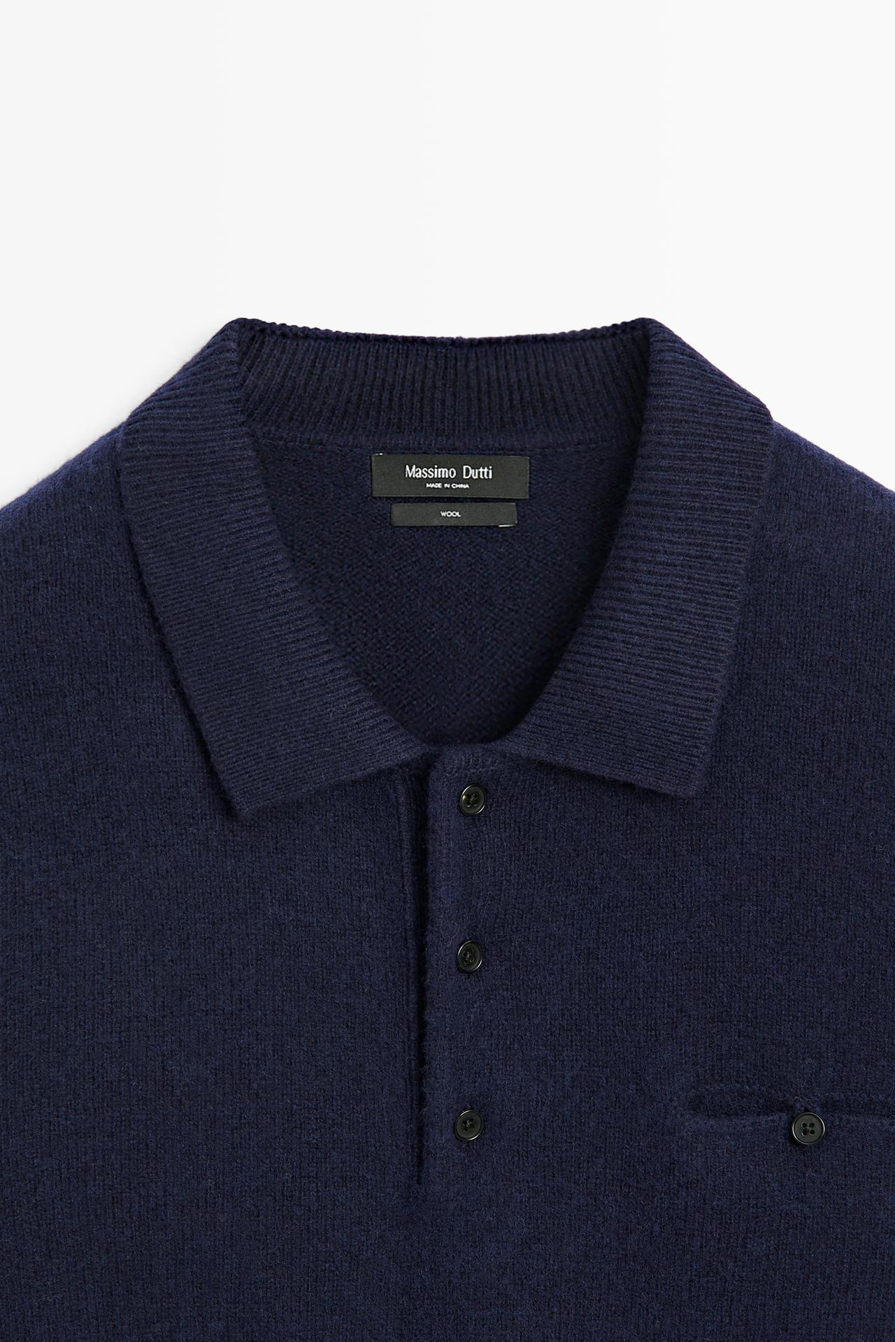 100% wool knit polo collar sweater — Dark Blue