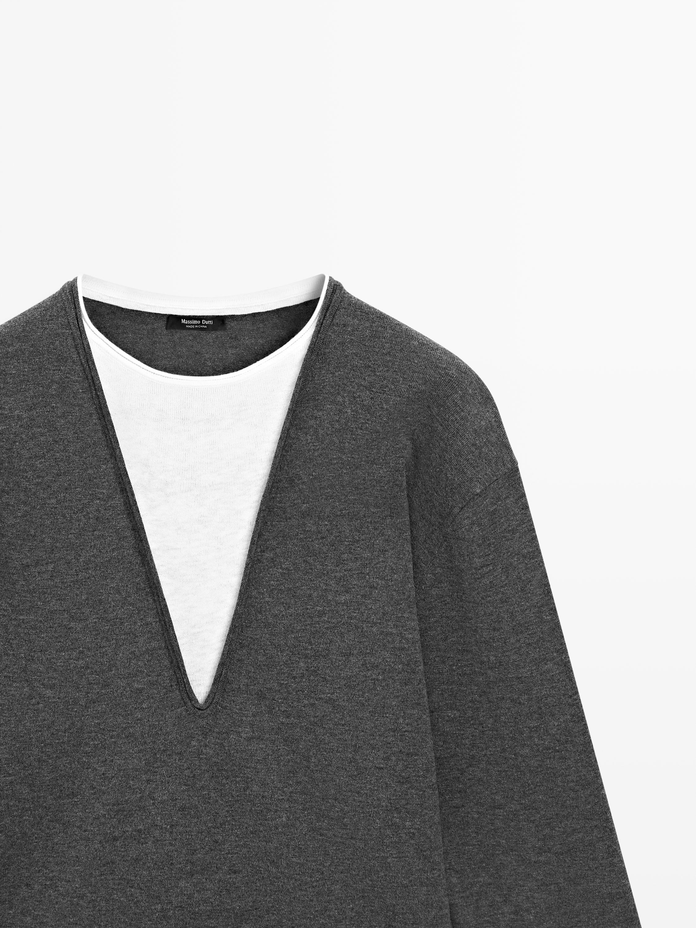 Cotton blend knit sweater with contrast fabric — CHARCOAL