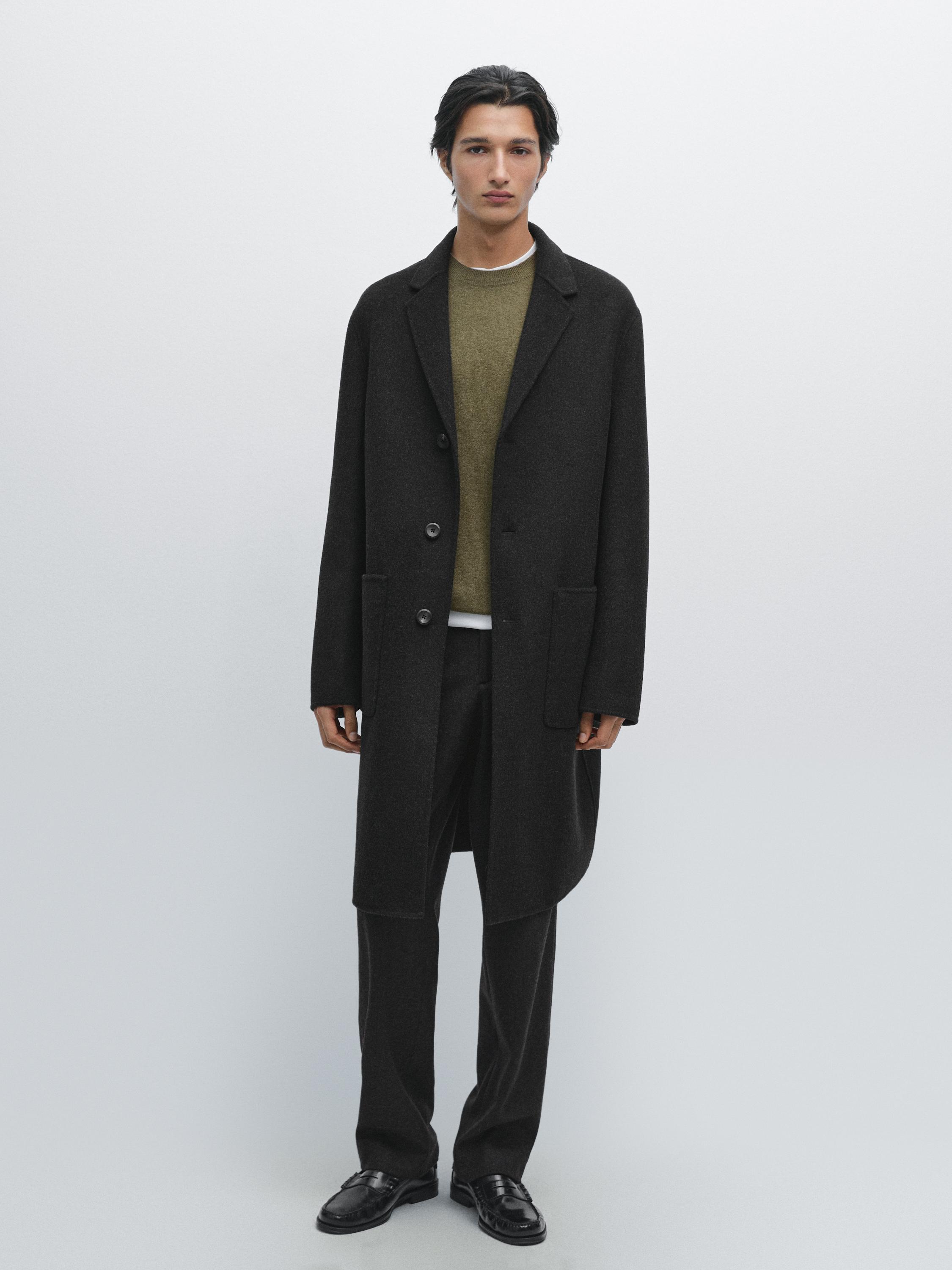 Long wool blend coat with lapel collar