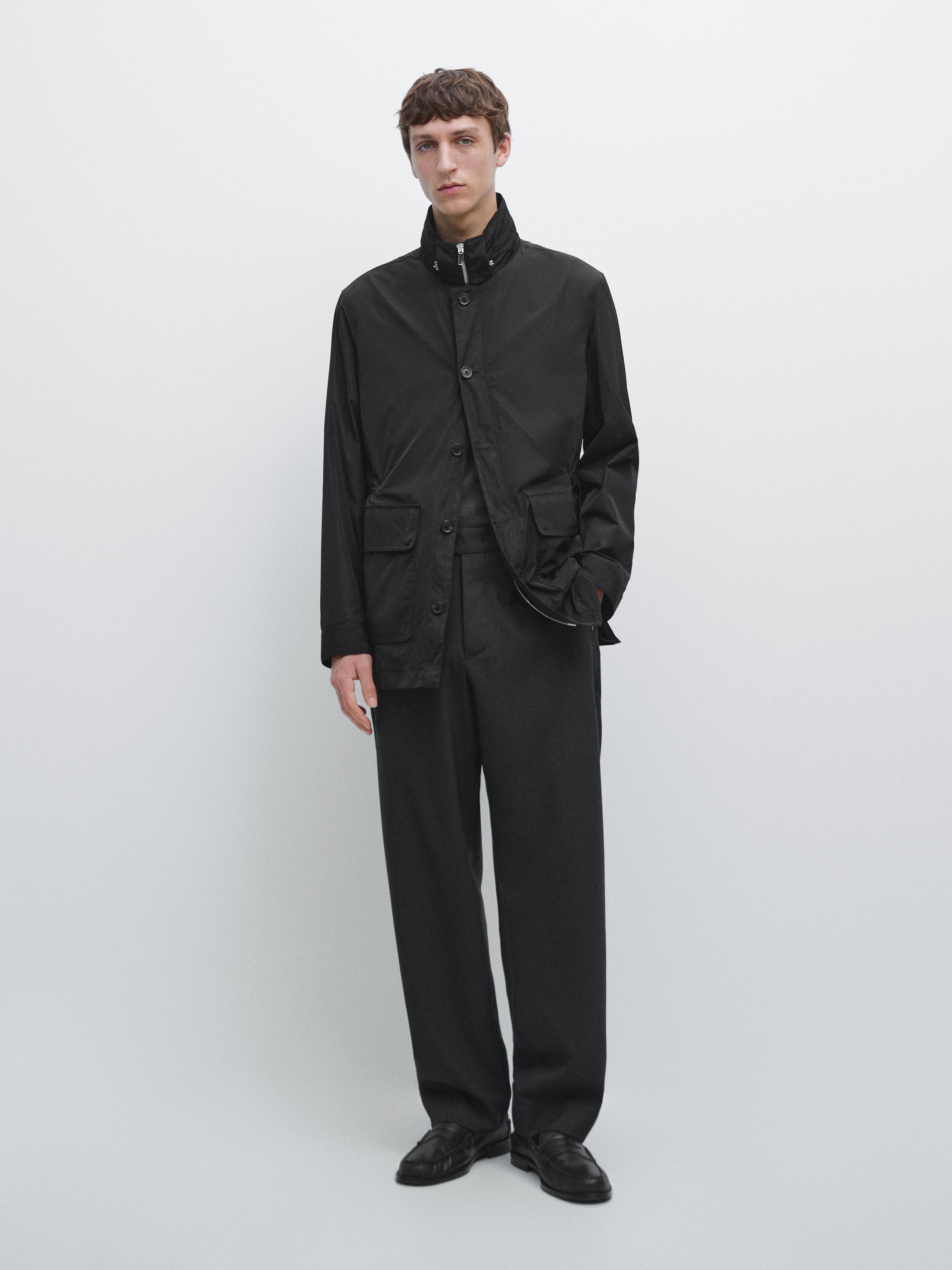Hooded parka with fabric detail — BLACK