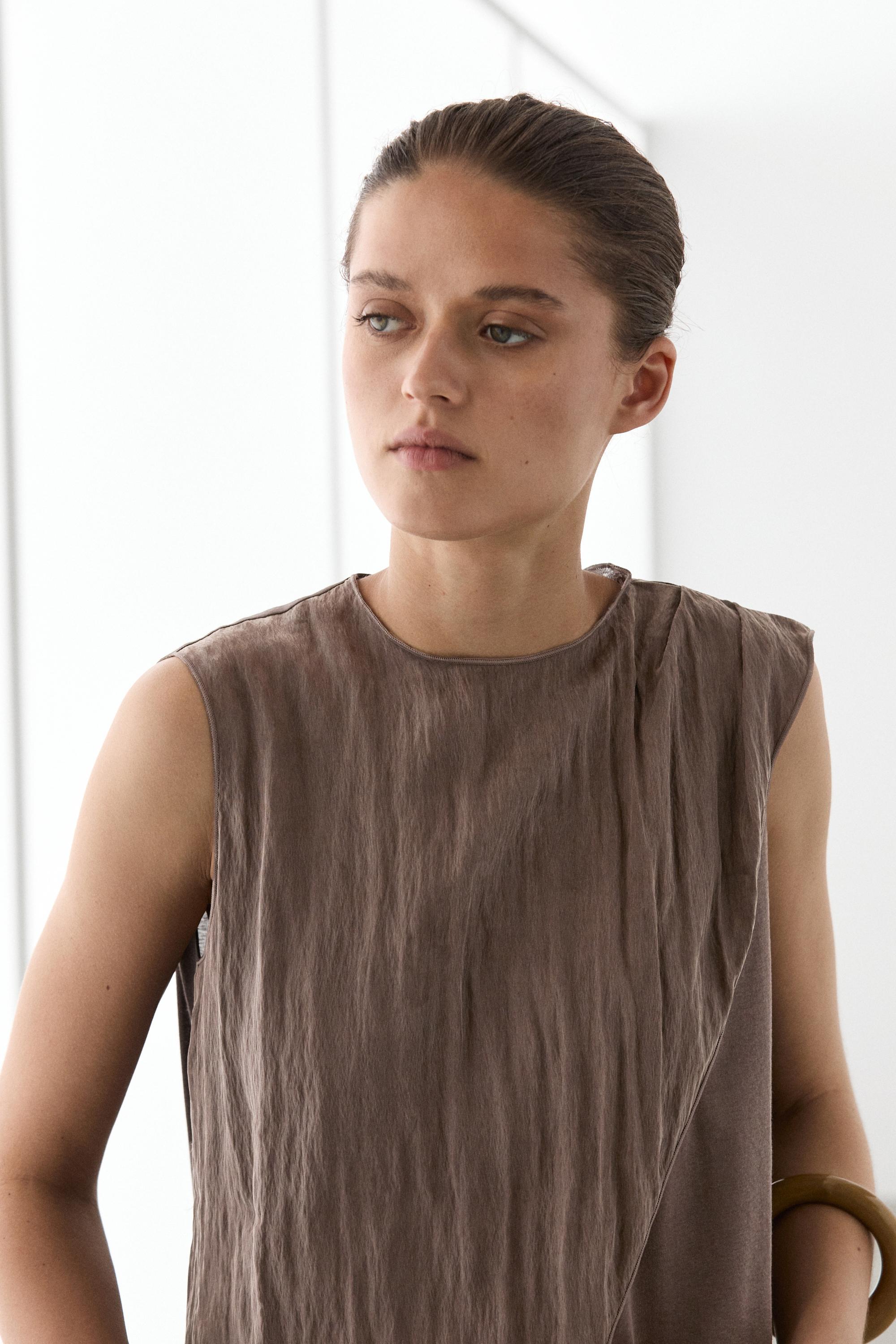 Crossover top with shoulder scarf detail — BROWN