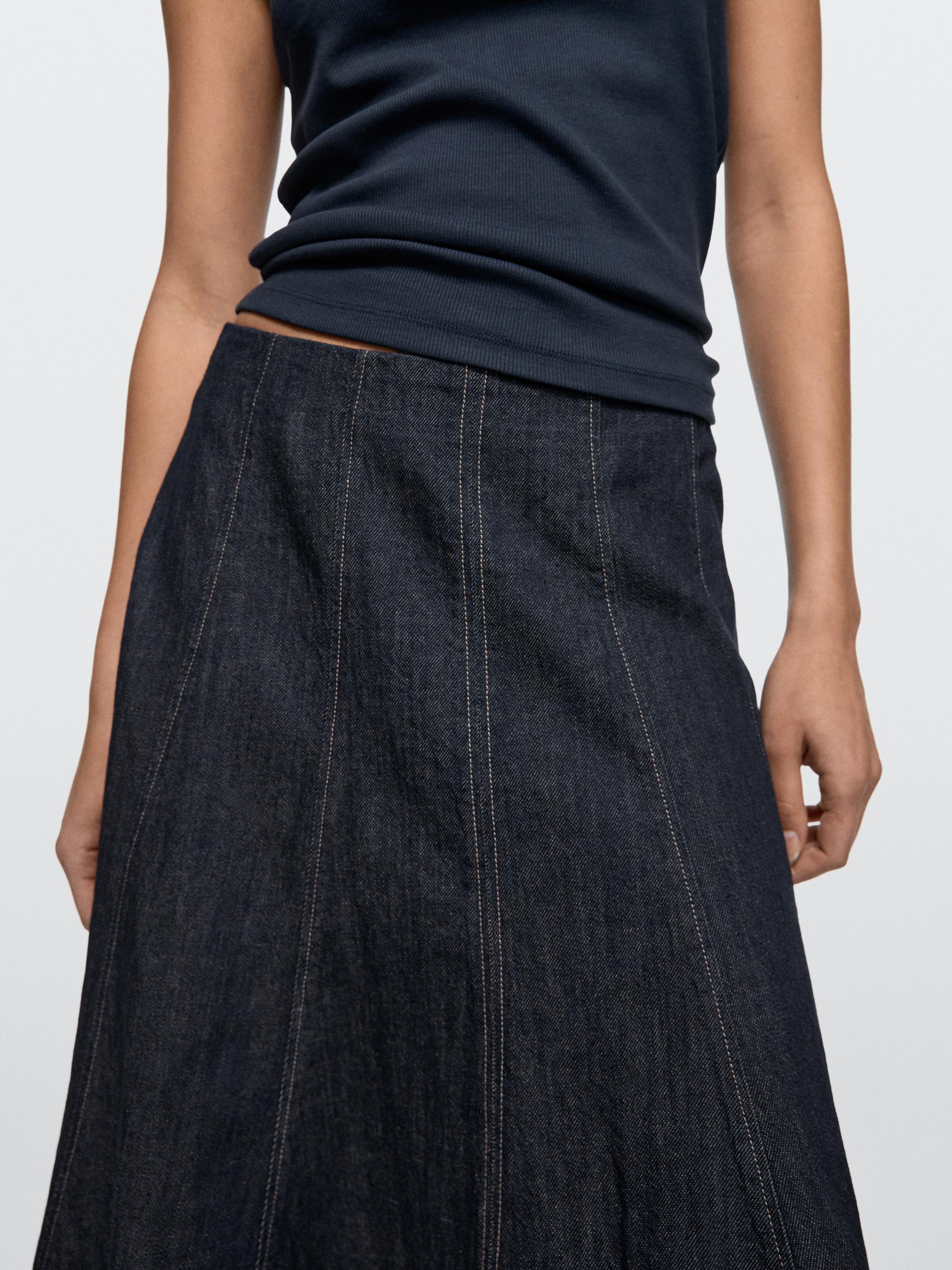 Denim godet midi skirt — DARK BLUE