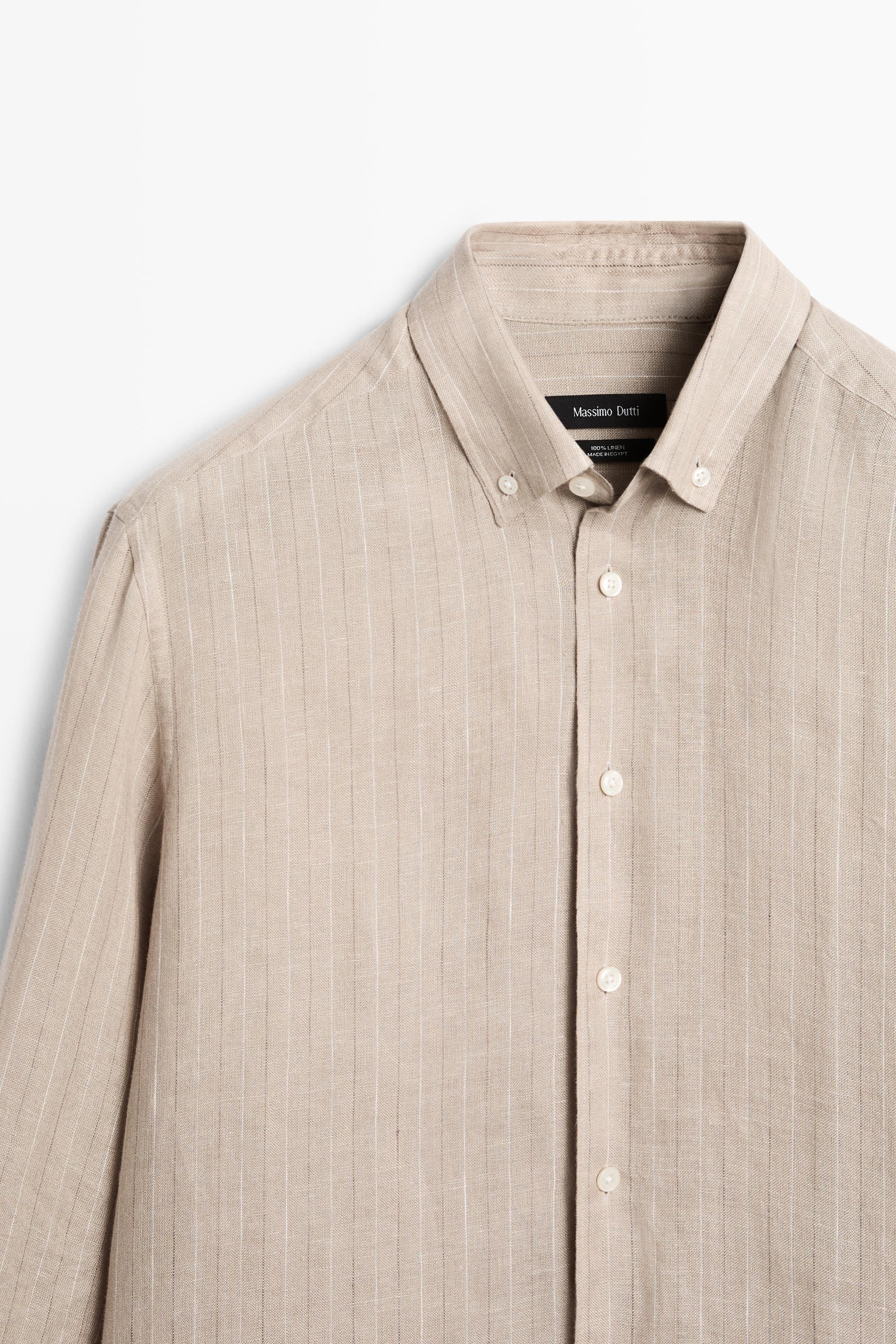 100% linen striped slim fit shirt — CAMEL
