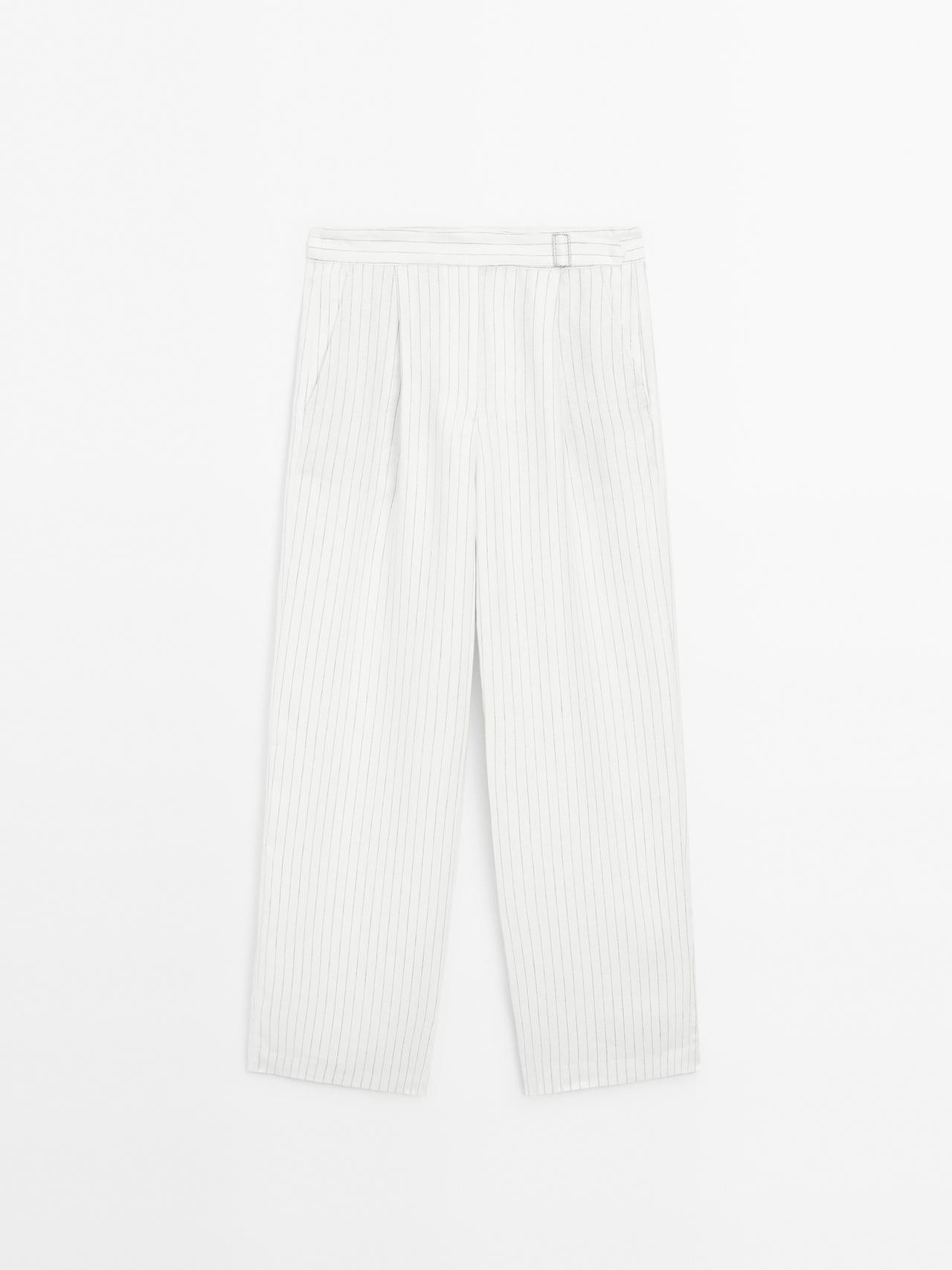 Massimo Dutti - Dame - Stribede Bukser I 100% Hør Med Spændedetalje - Hvid - 34