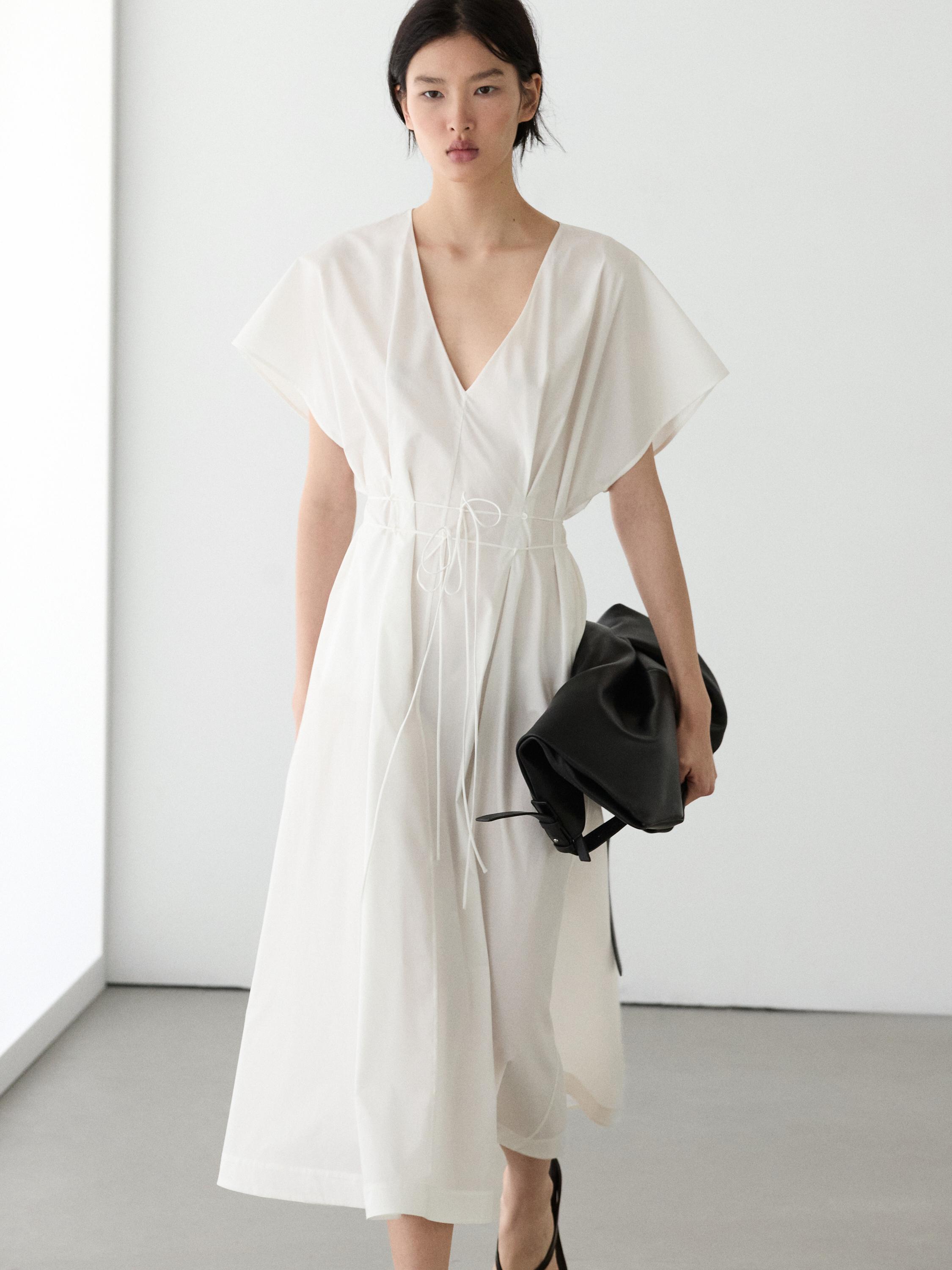 Poplin flounce midi dress — WHITE