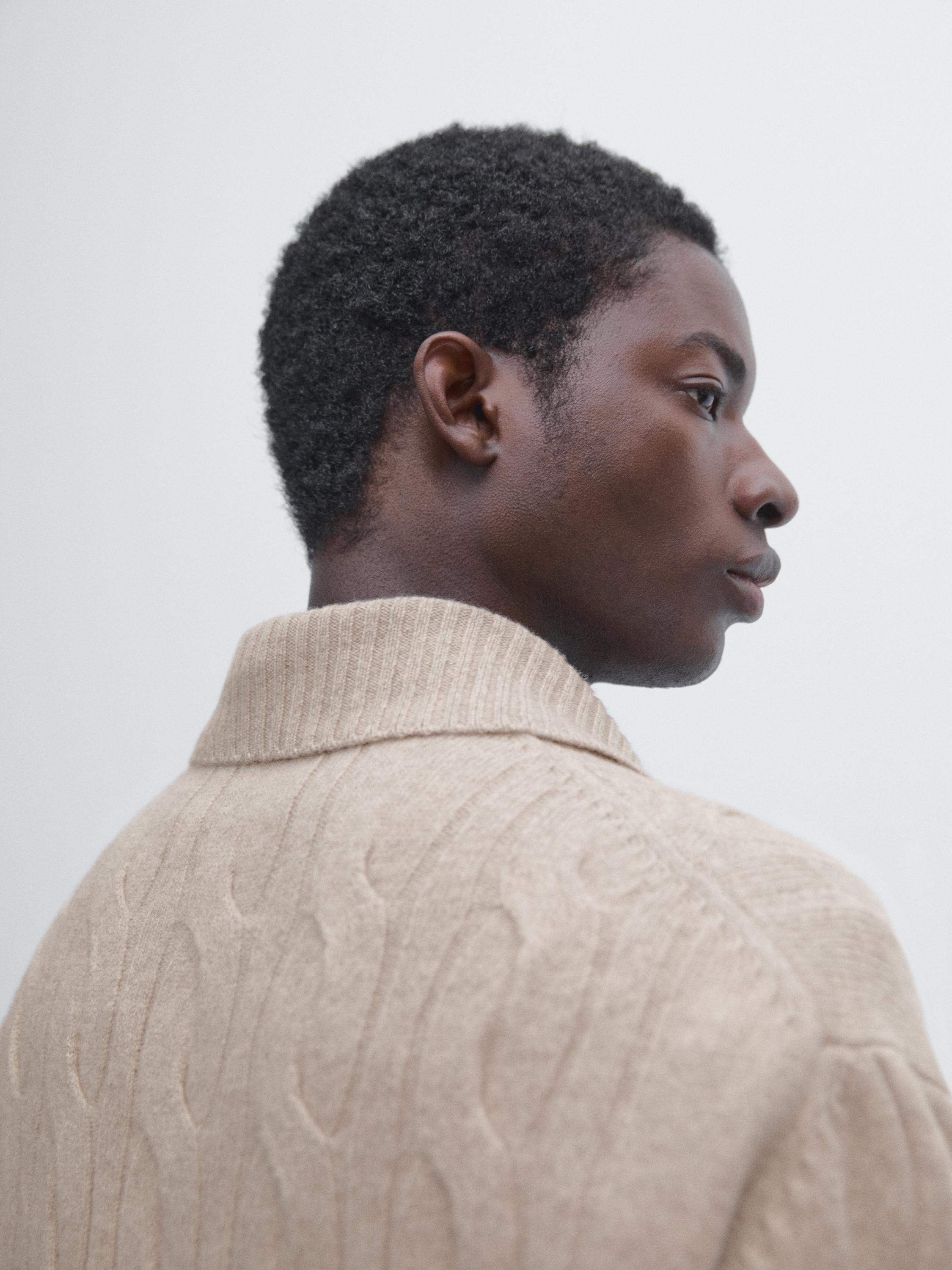 Wool cable-knit polo sweater — Sand